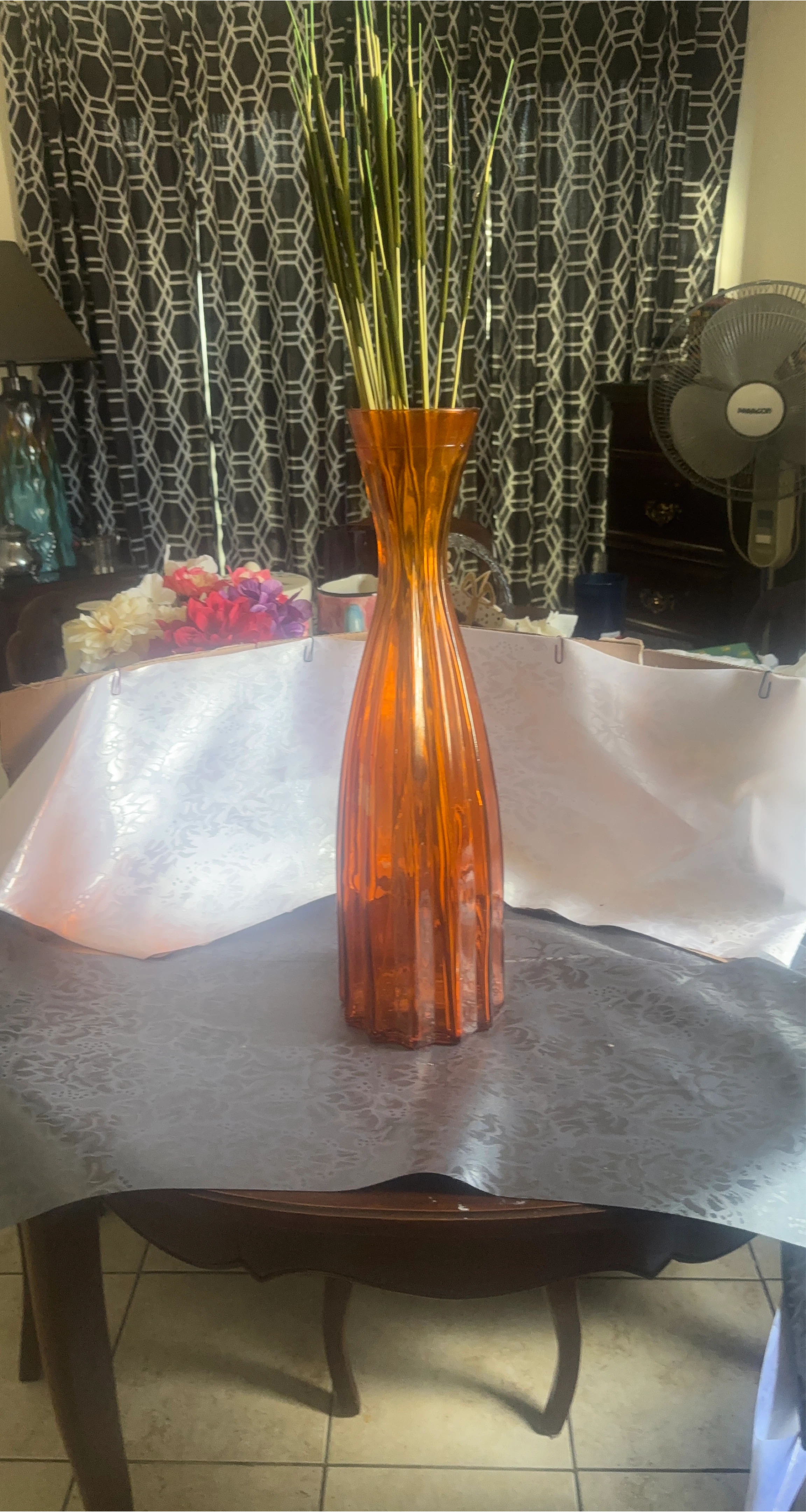 Orange Ribbed Glass Vase