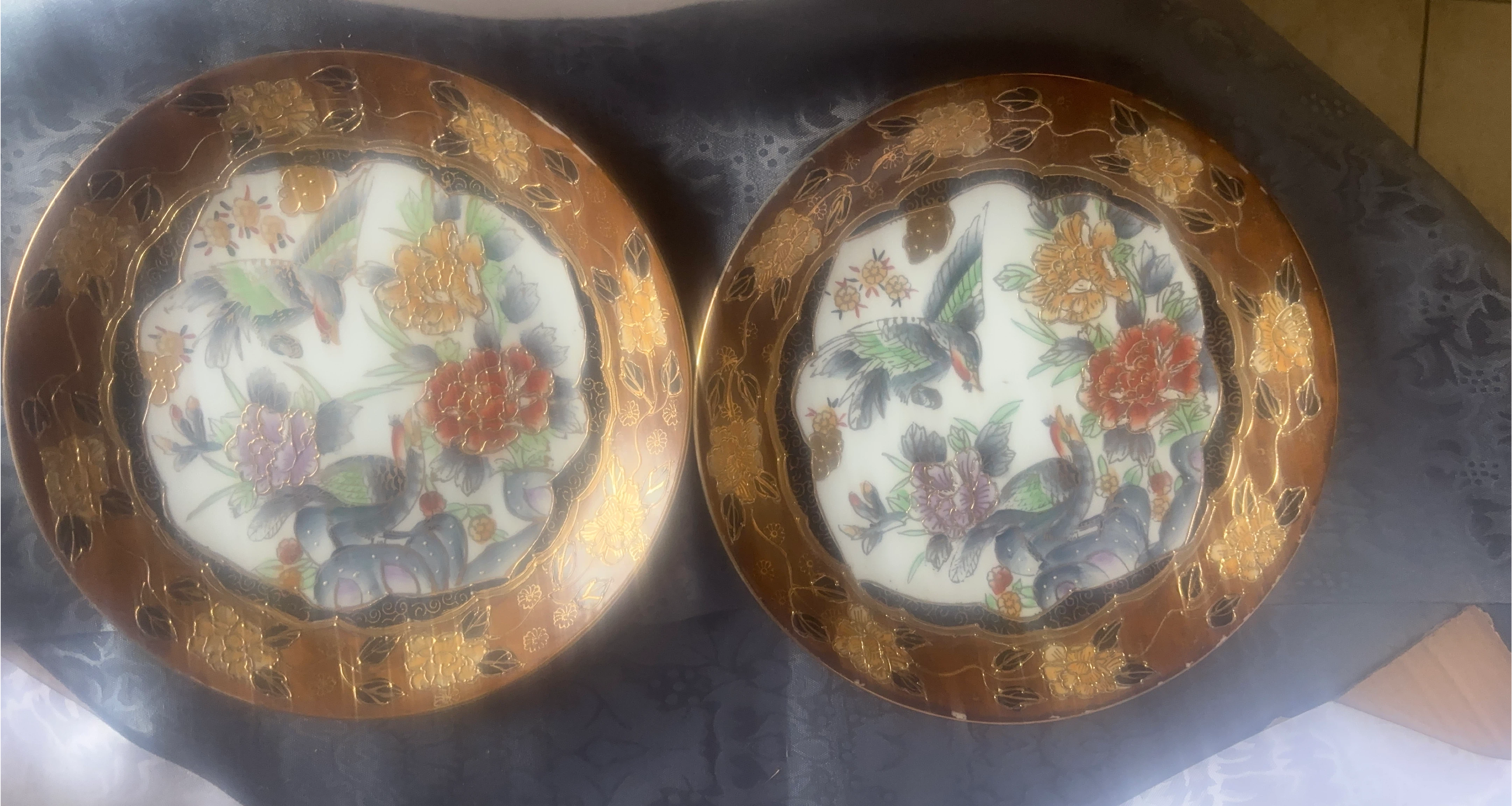 Set of 2 Decorative Ceramic Plates with Birds and Flowers