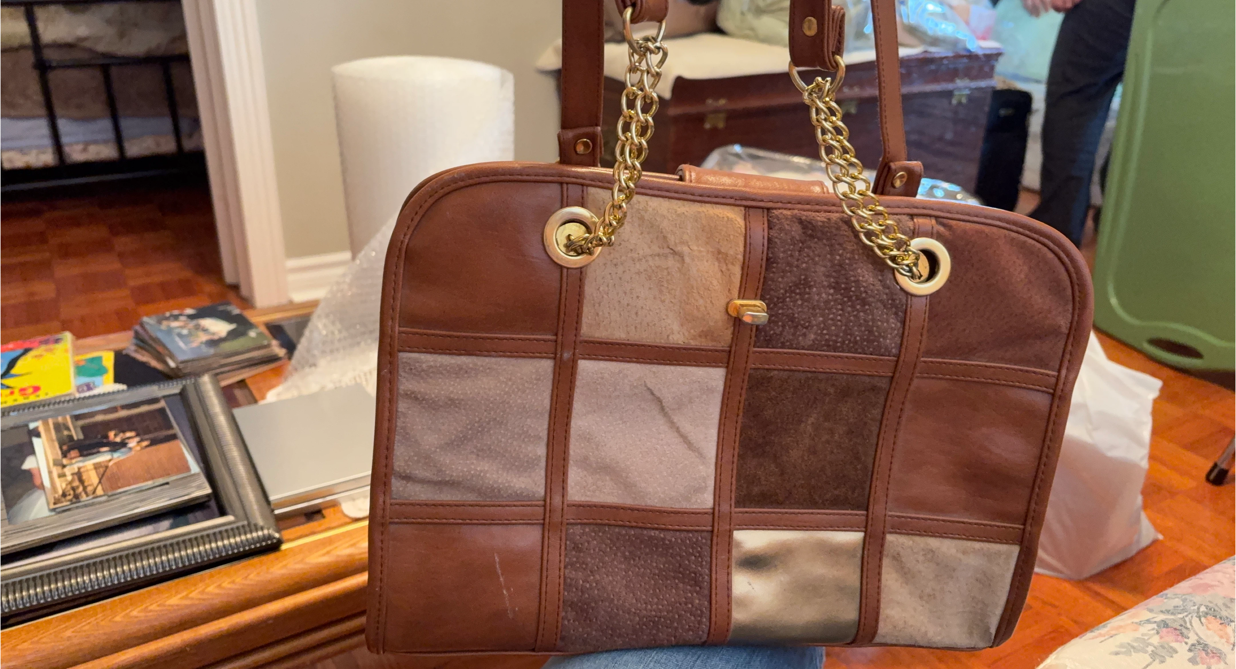 Patchwork Leather Handbag with Gold Chain Straps