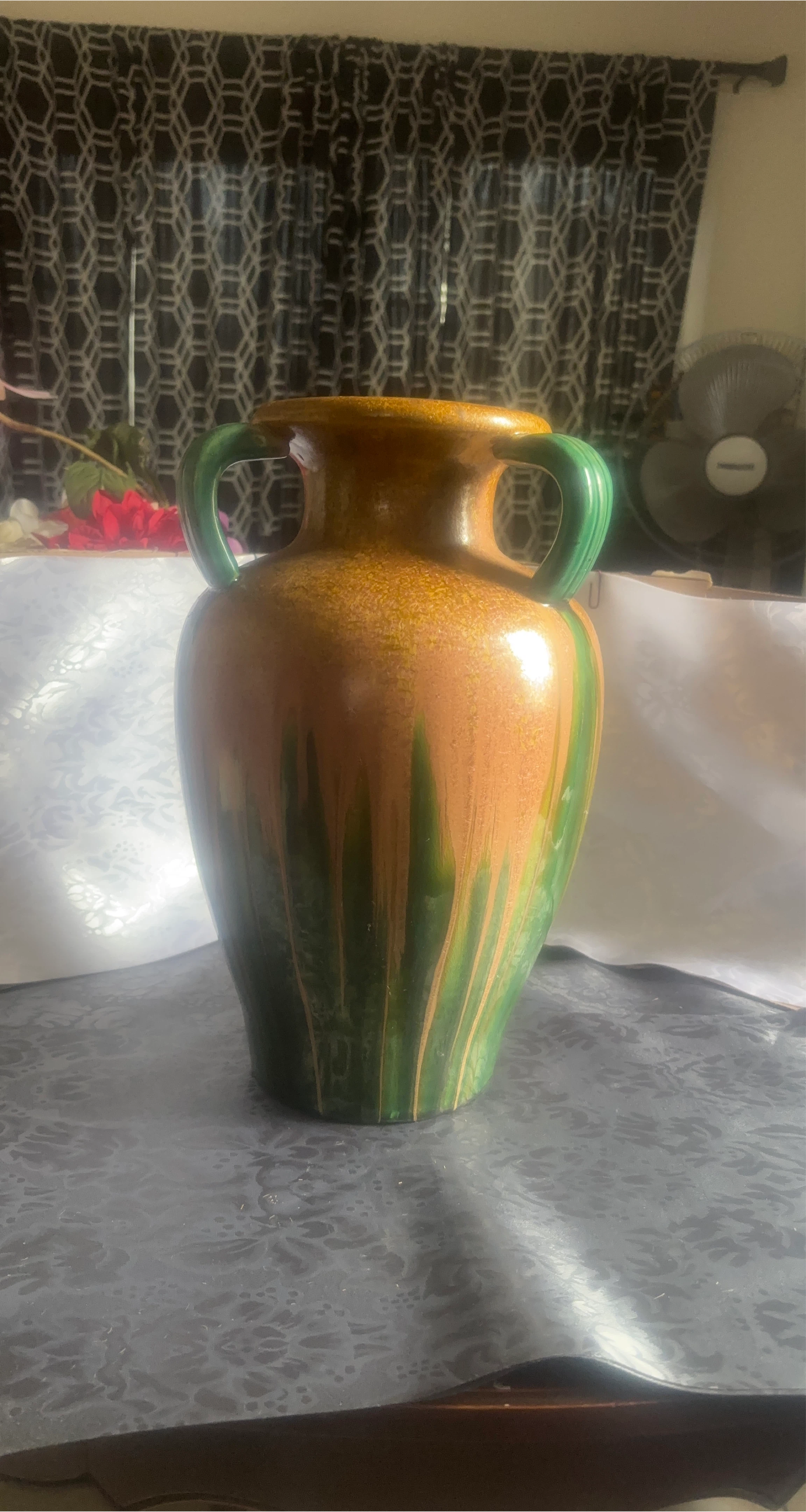Orange and Green Ceramic Vase with Handles