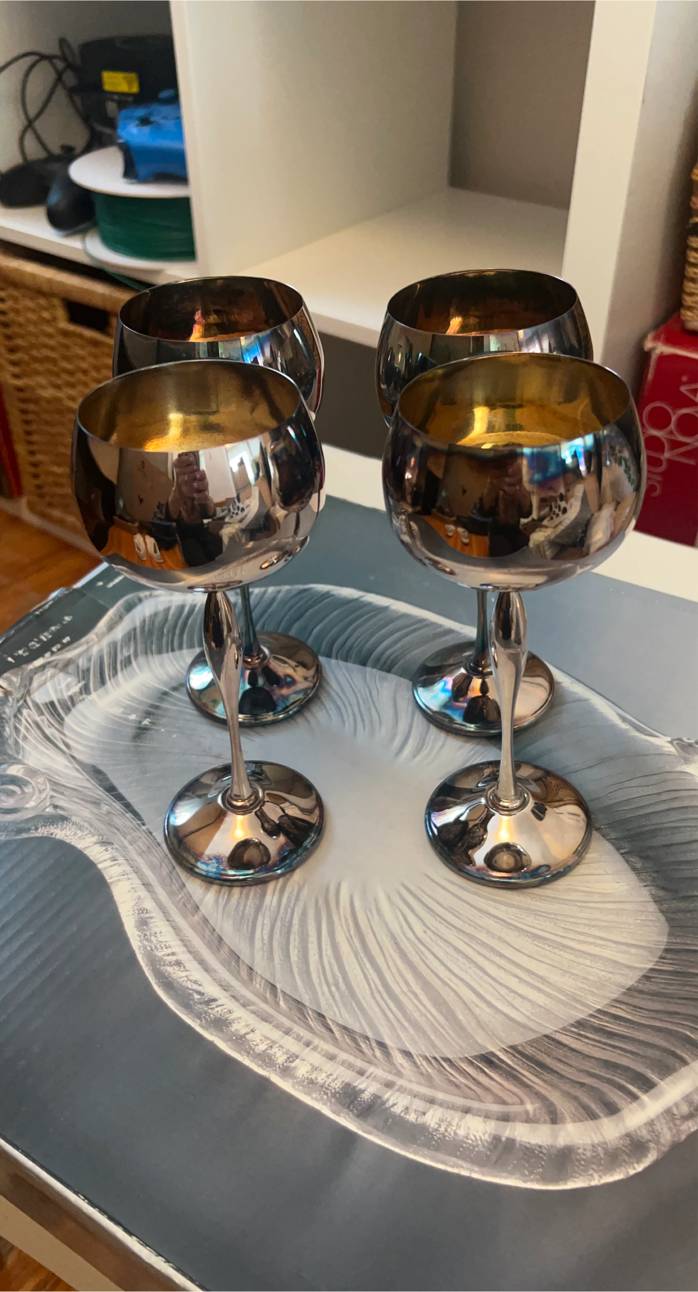 Set of 4 Silver Wine Glasses- New
