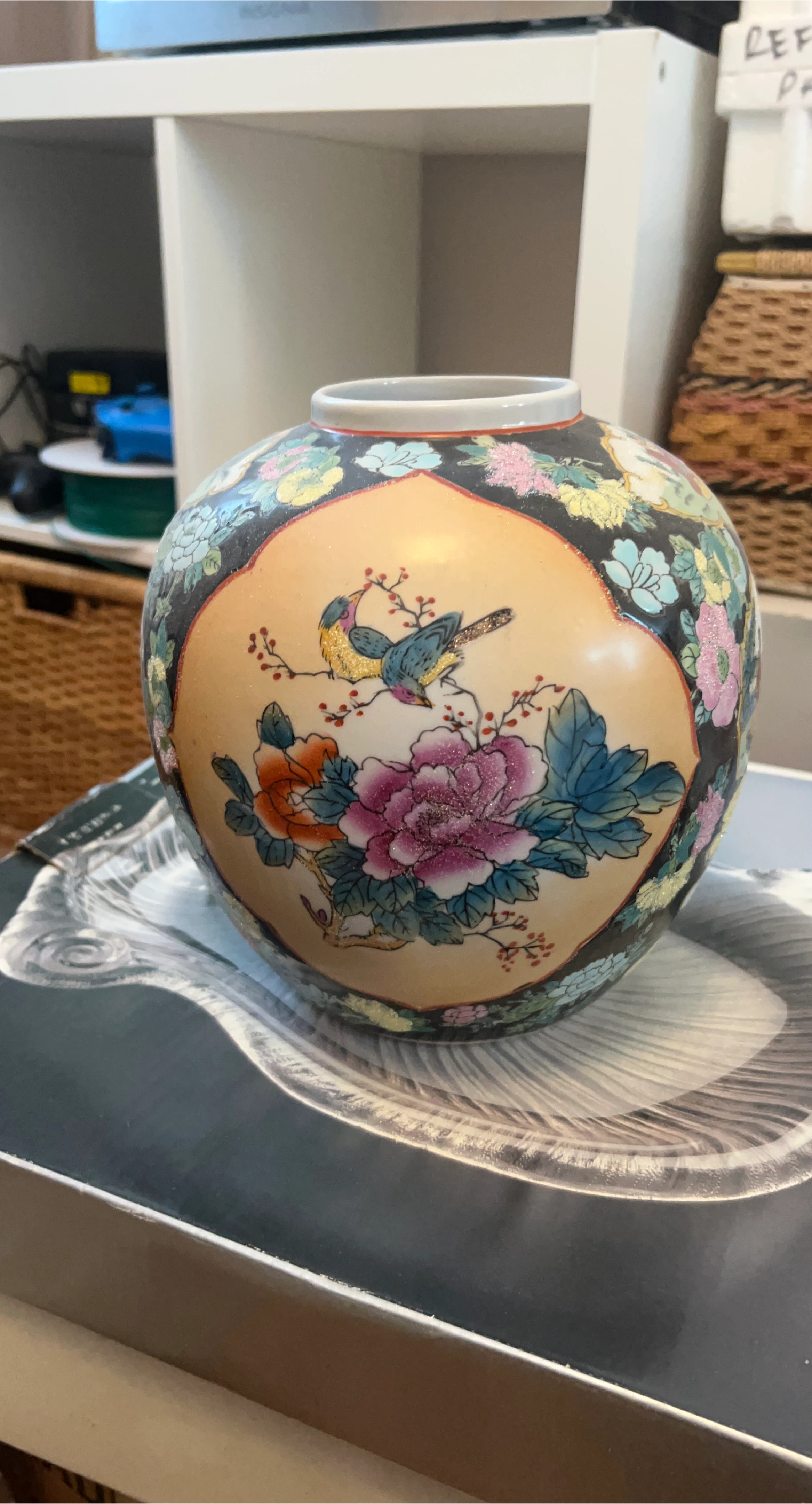 Decorative Ceramic Vase with Birds and Flowers