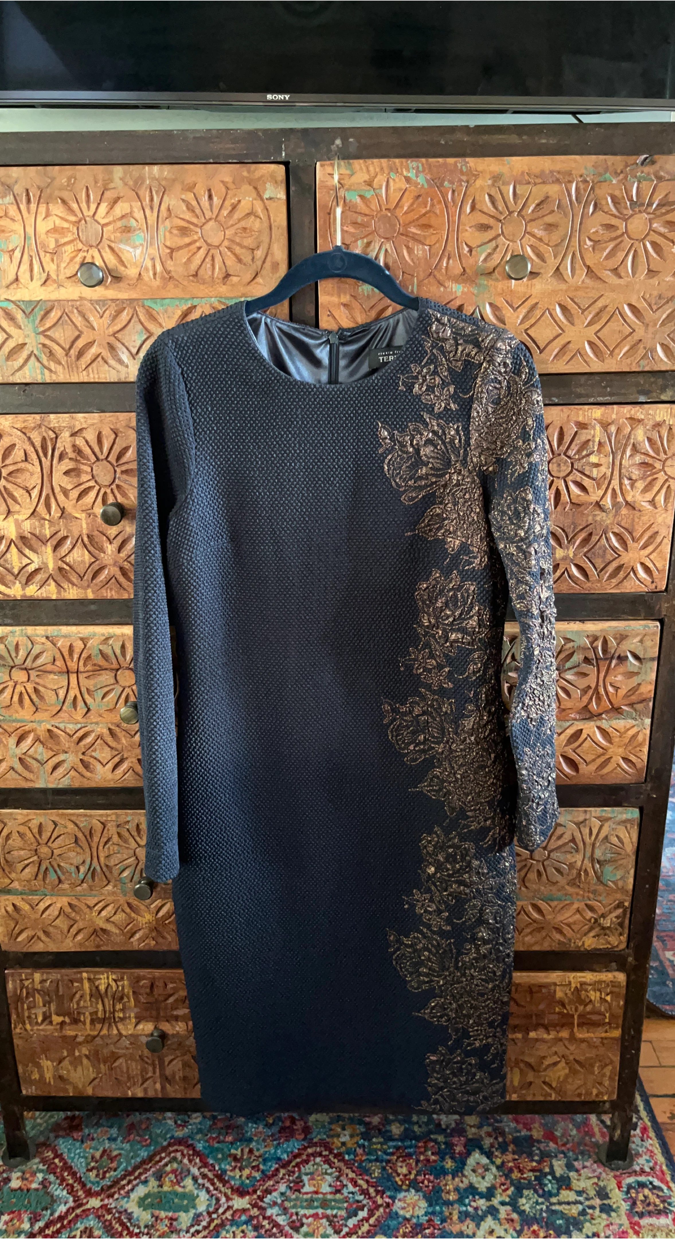 Rickie Freeman Teri Jon Embellished Long Sleeve Dress