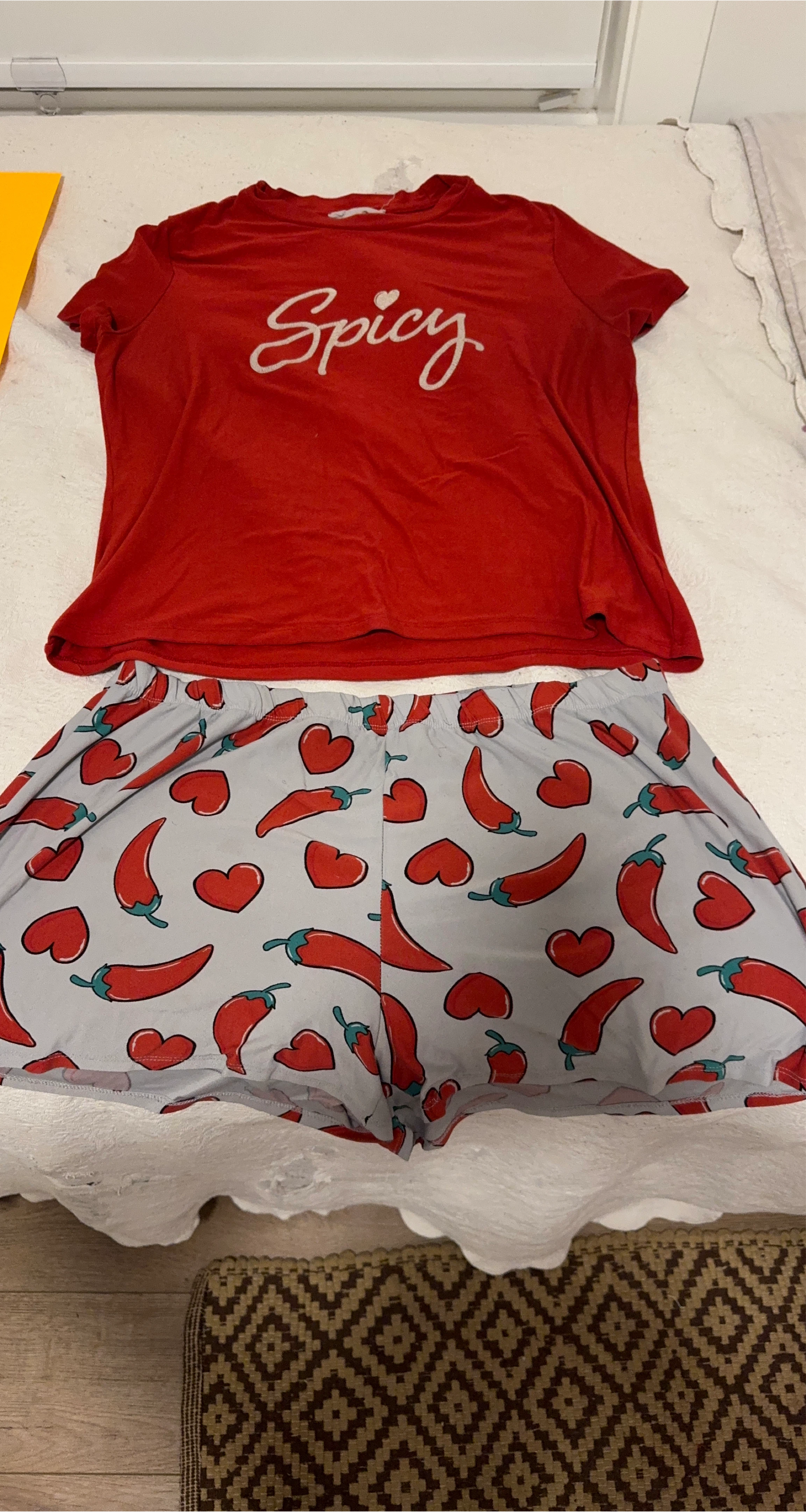 Red "Spicy" Pajama Set with Chili Pepper and Heart Print