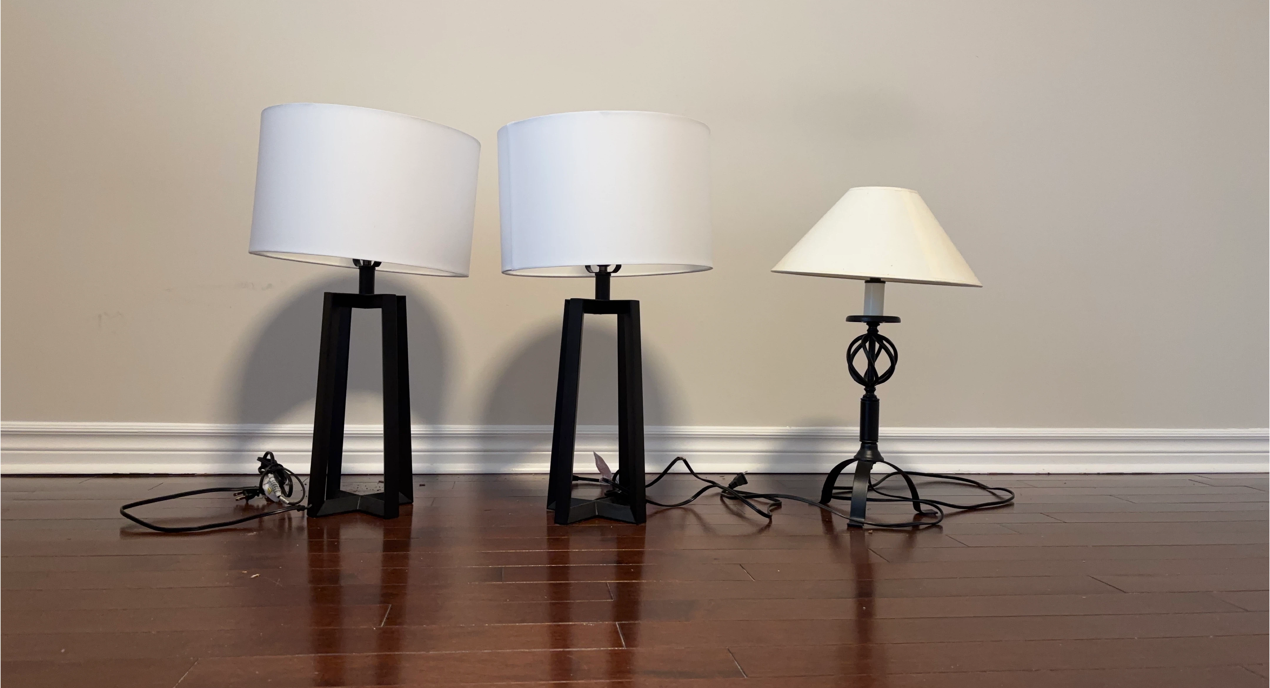 Set of 3 Table Lamps - Black Metal Base, White Shades