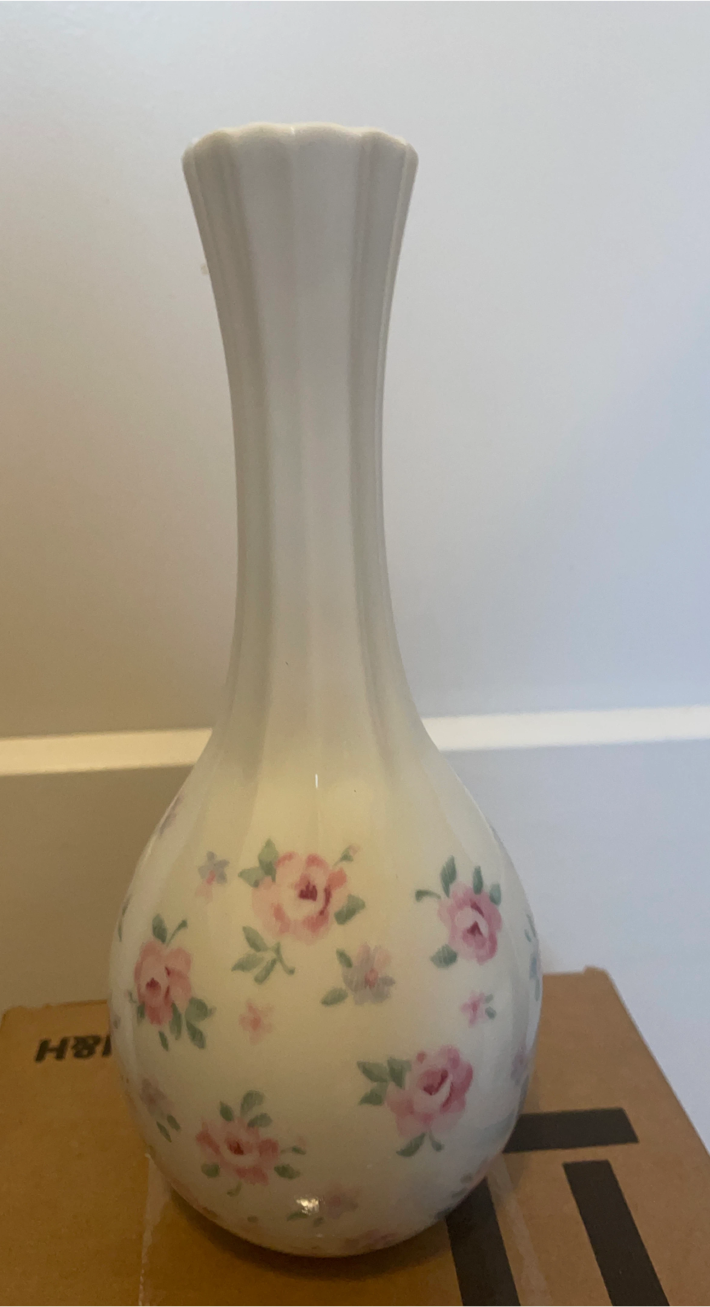 White Vase with Pink Roses