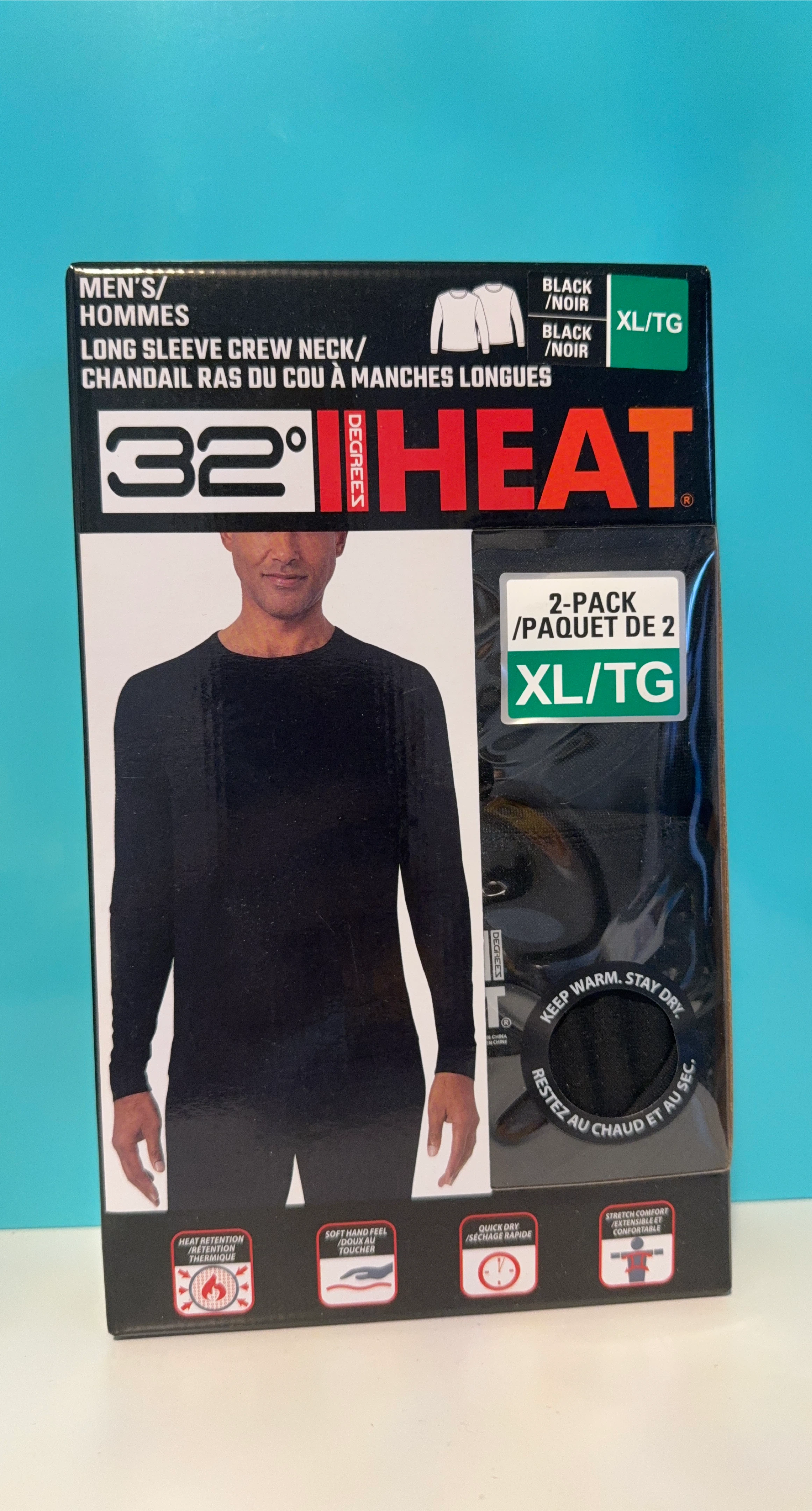 32 Degrees Men's Long Sleeve Crew Neck 2-Pack Black XL/TG