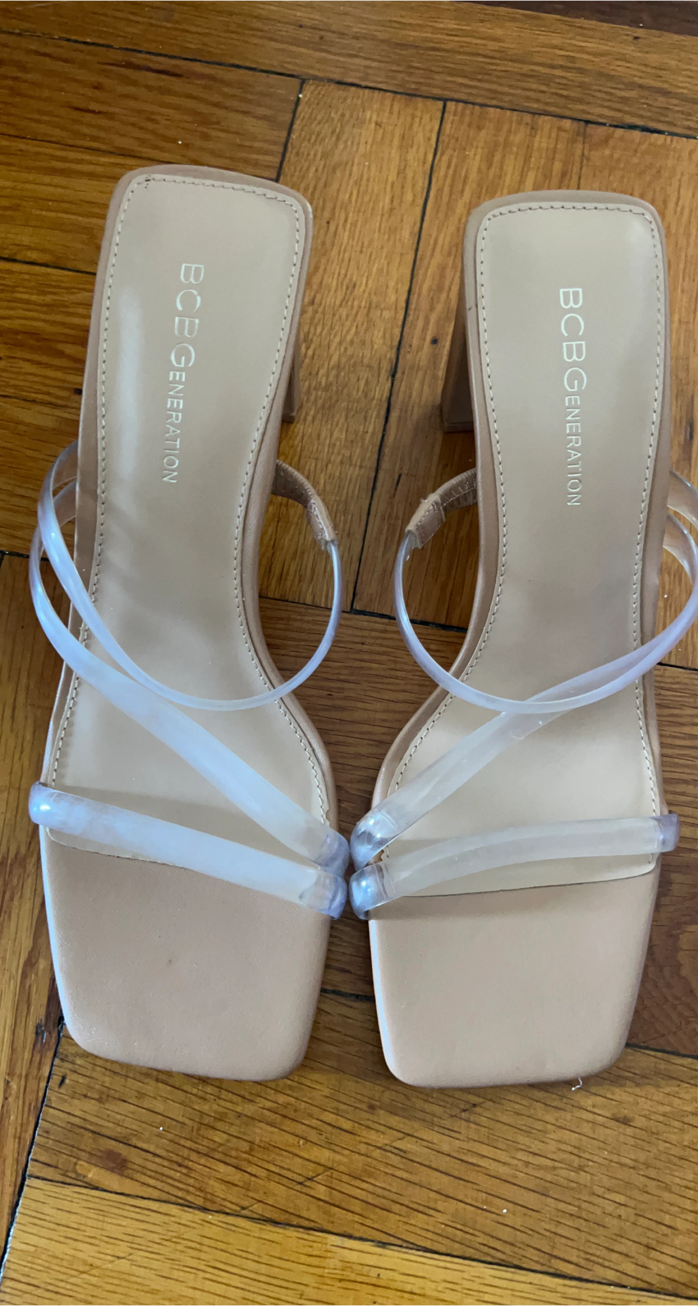 BCBGeneration Women's Tan Clear Strap Block Heel Sandals