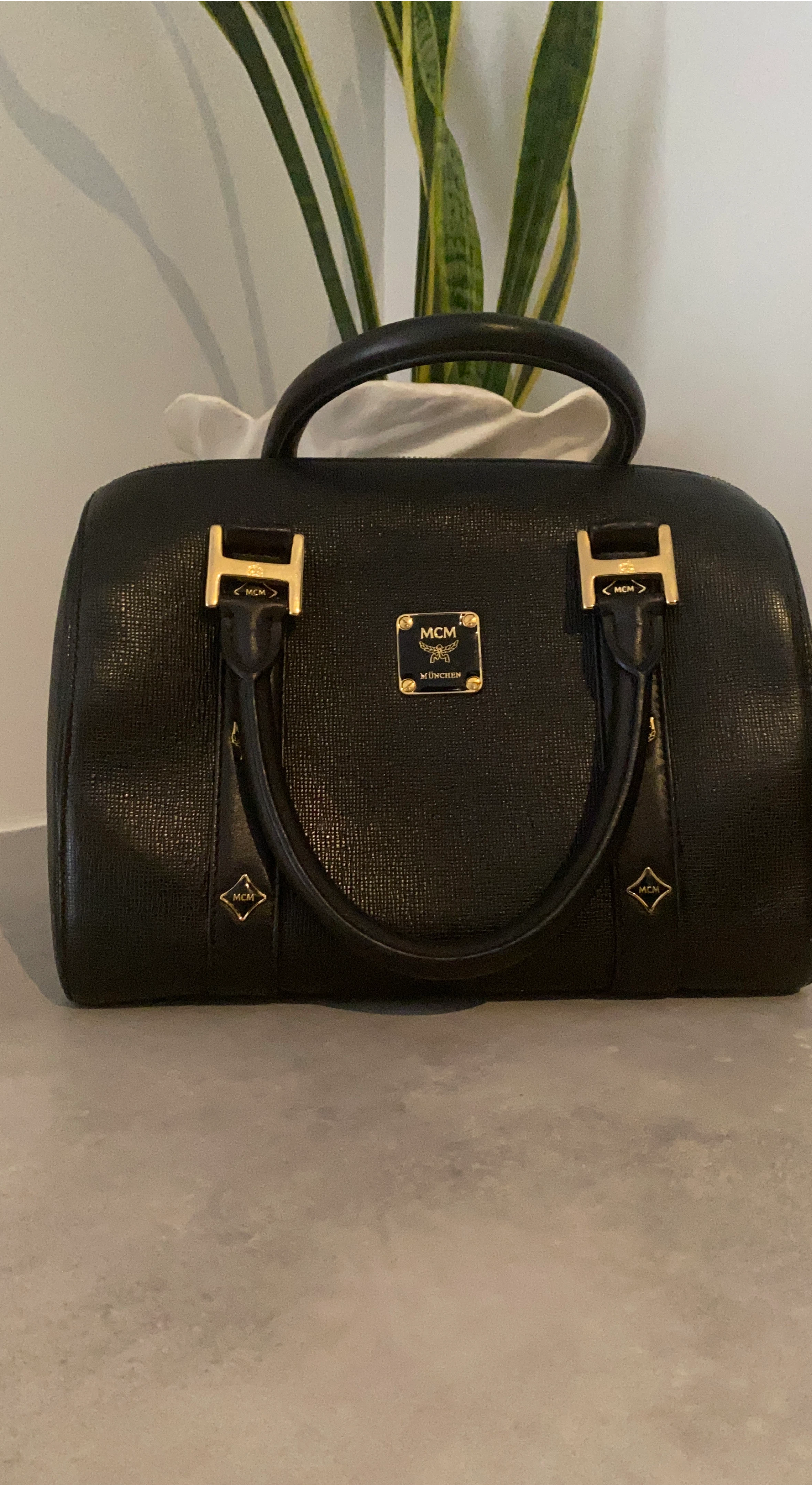 MCM Black Leather Boston Bag