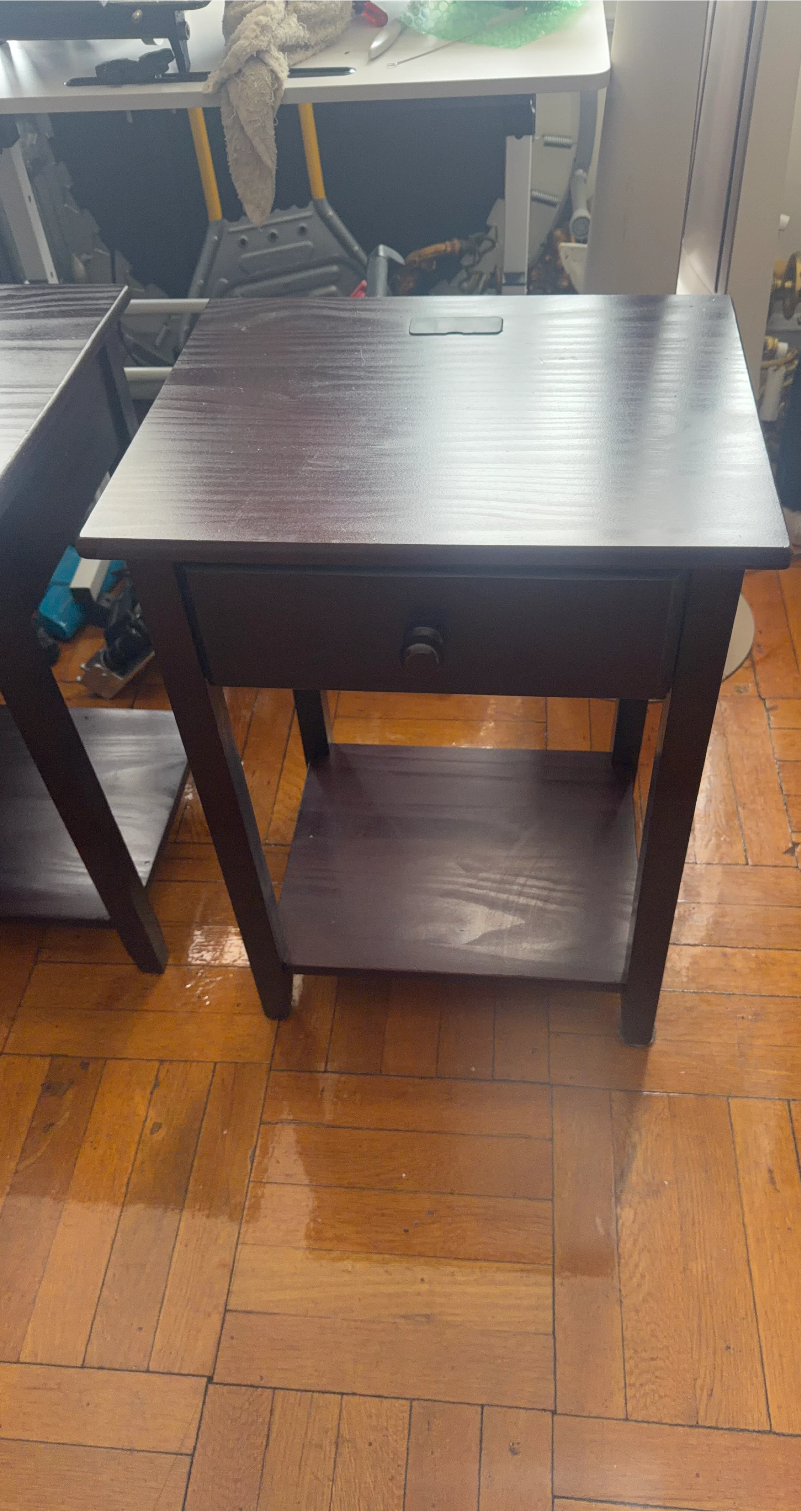 Dark Wood Nightstand with Drawer and Shelf