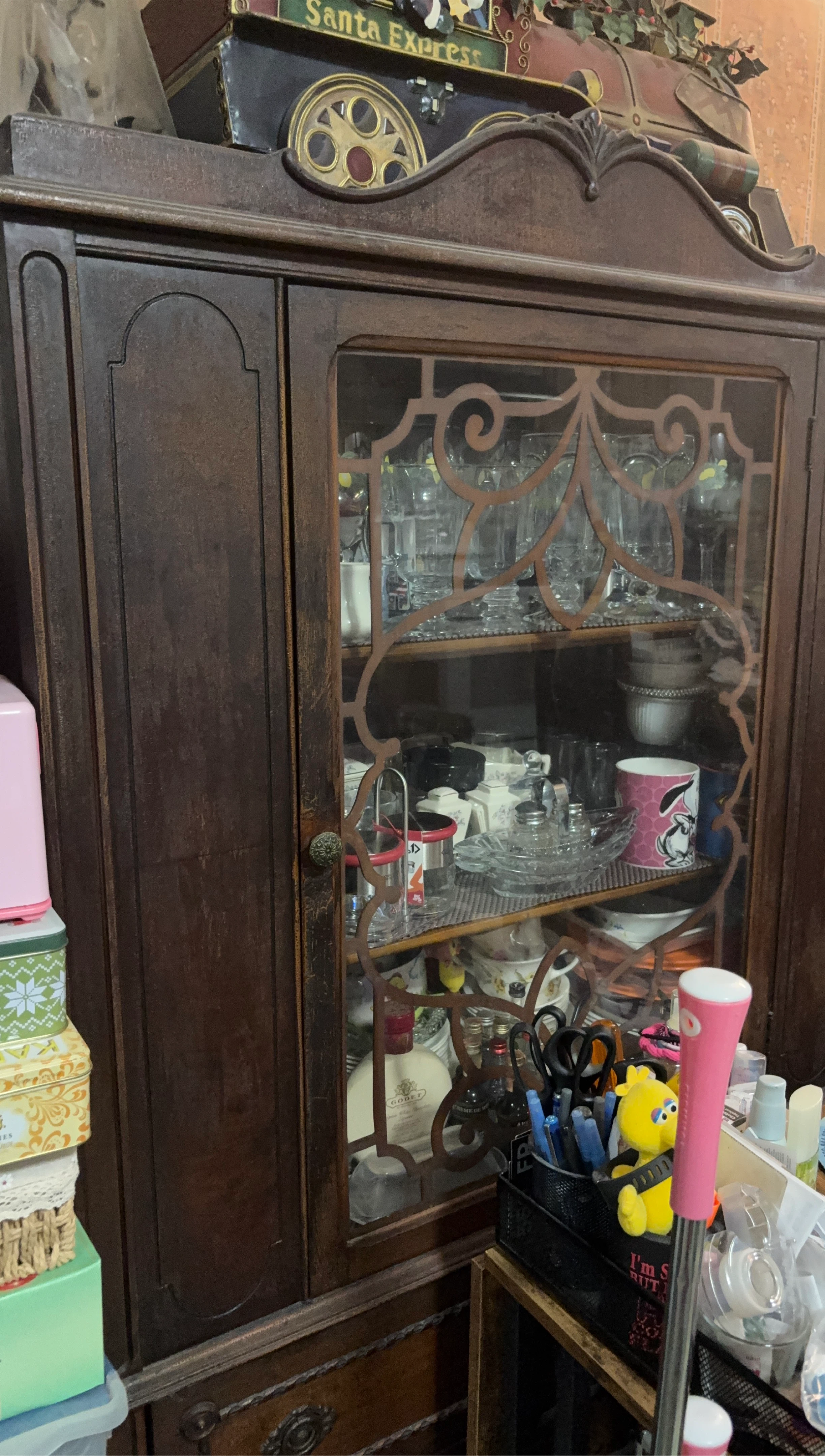 Vintage Wooden Display Cabinet with Glass Doors