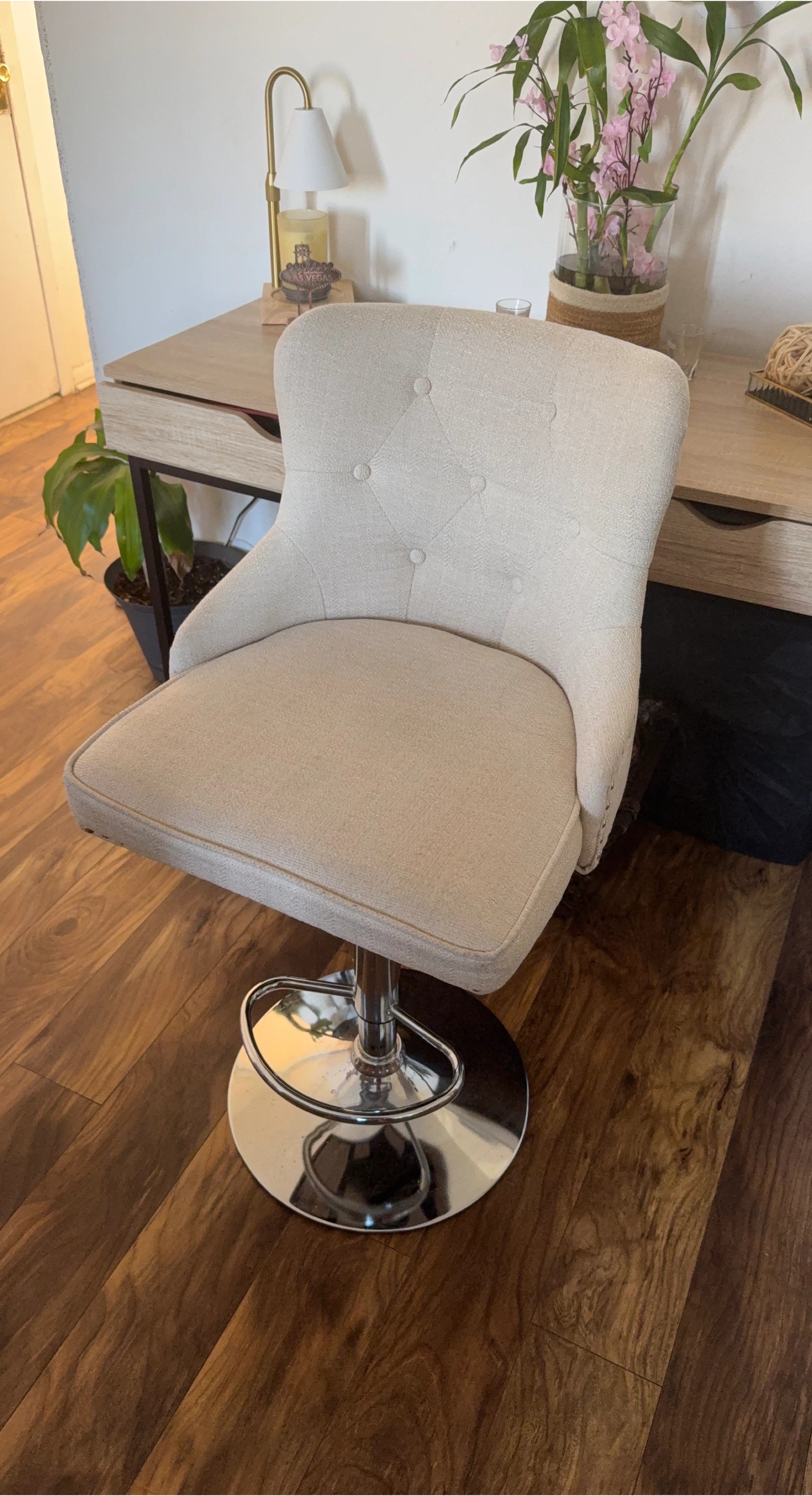 Adjustable Swivel Bar Stool - Beige Fabric
