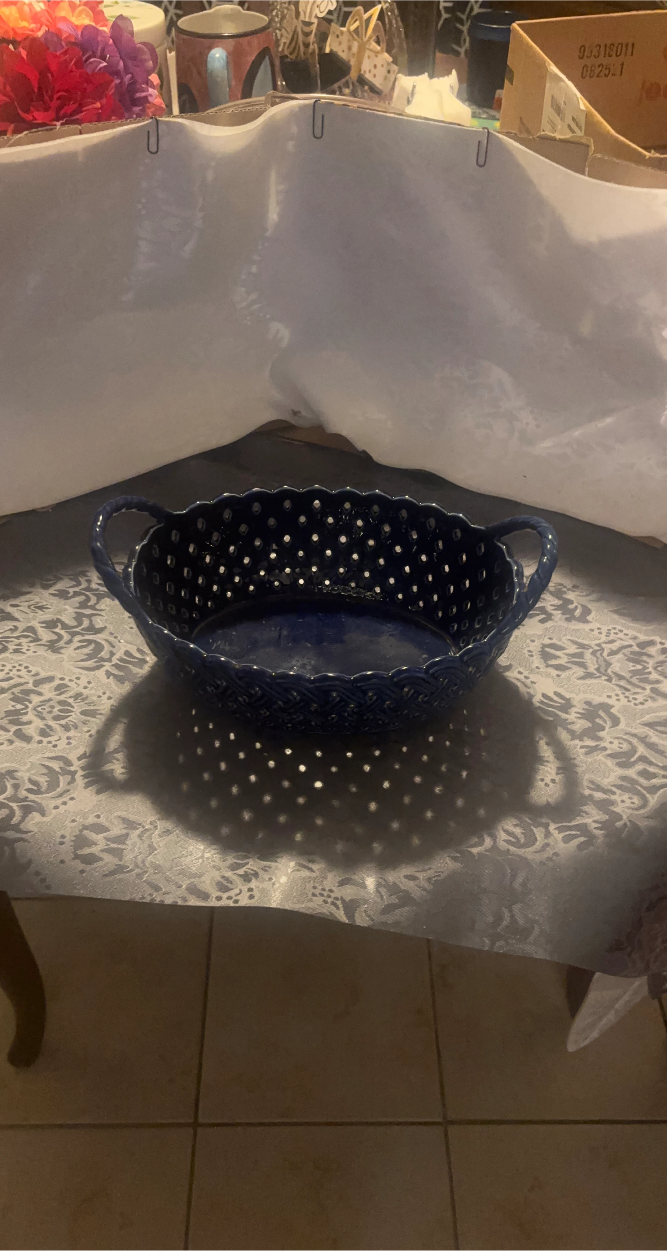 Blue Ceramic Basket Bowl with Handles