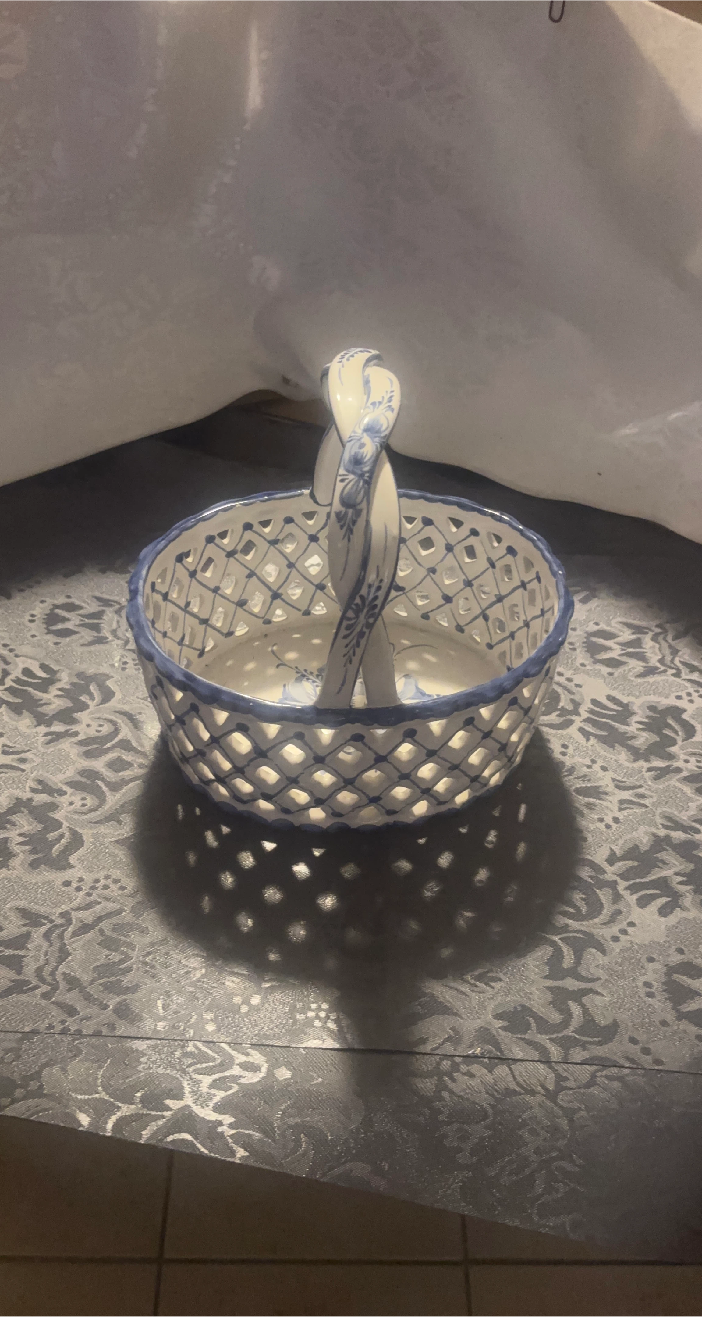 Decorative Ceramic Basket with Blue Floral Design