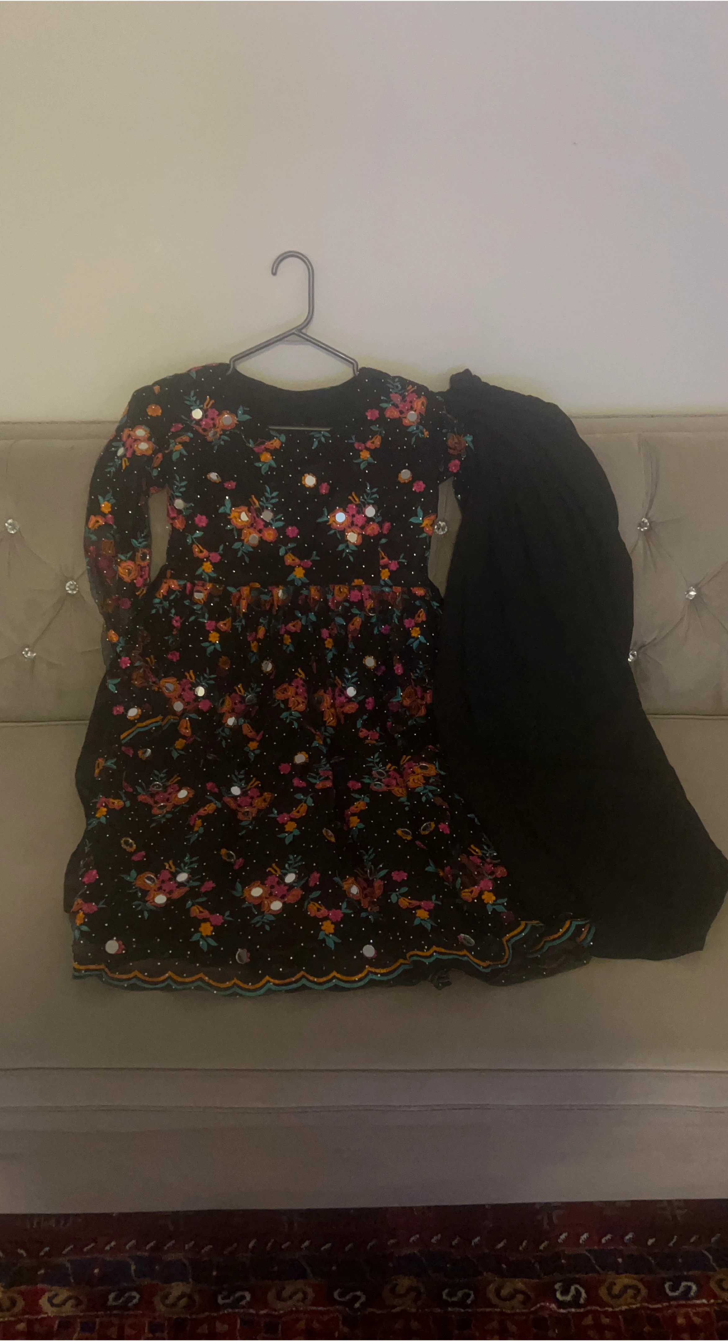 Girls Black Floral Print Dress with Mirror Work