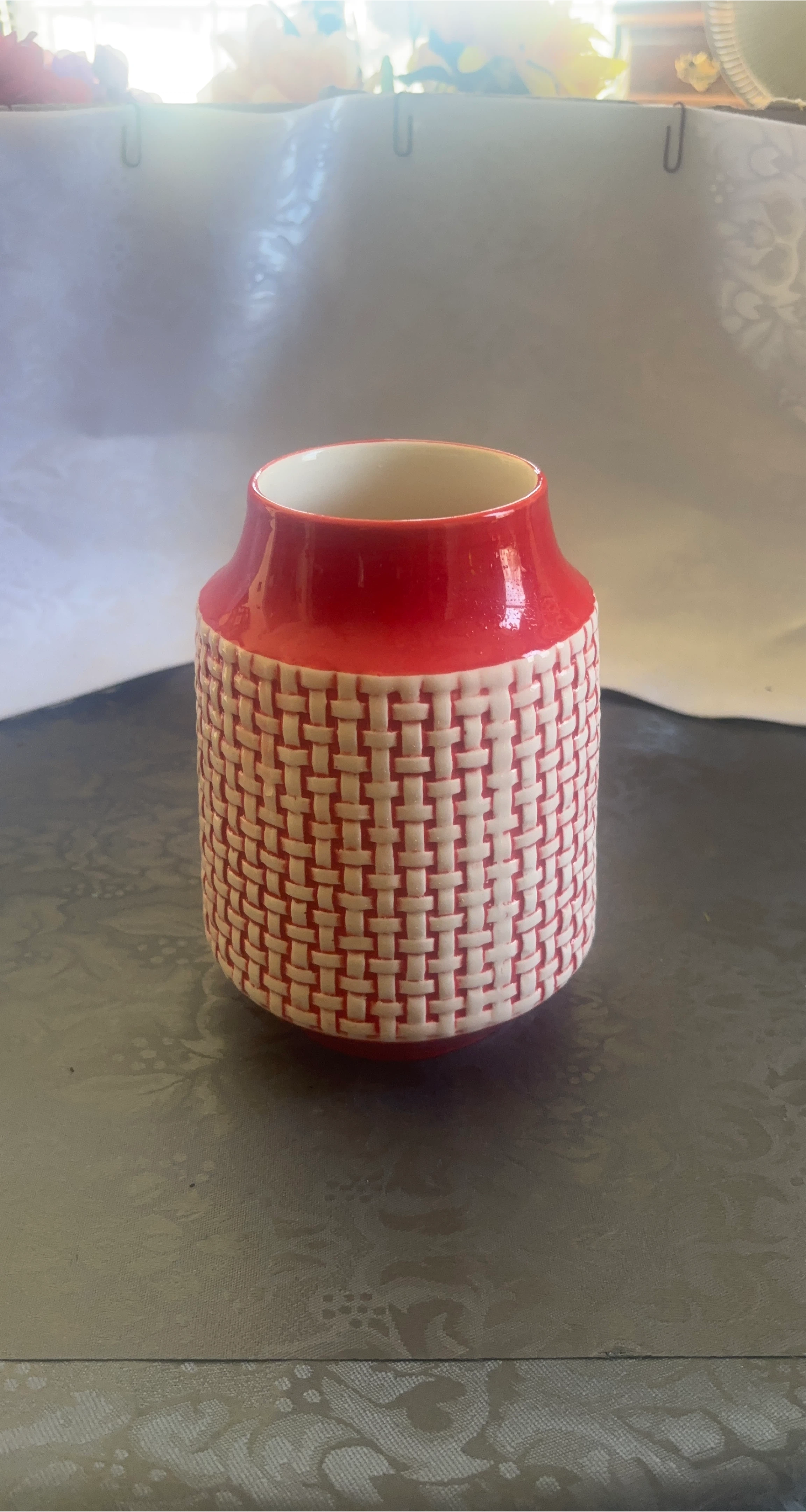 Red and Cream Woven Ceramic Vase