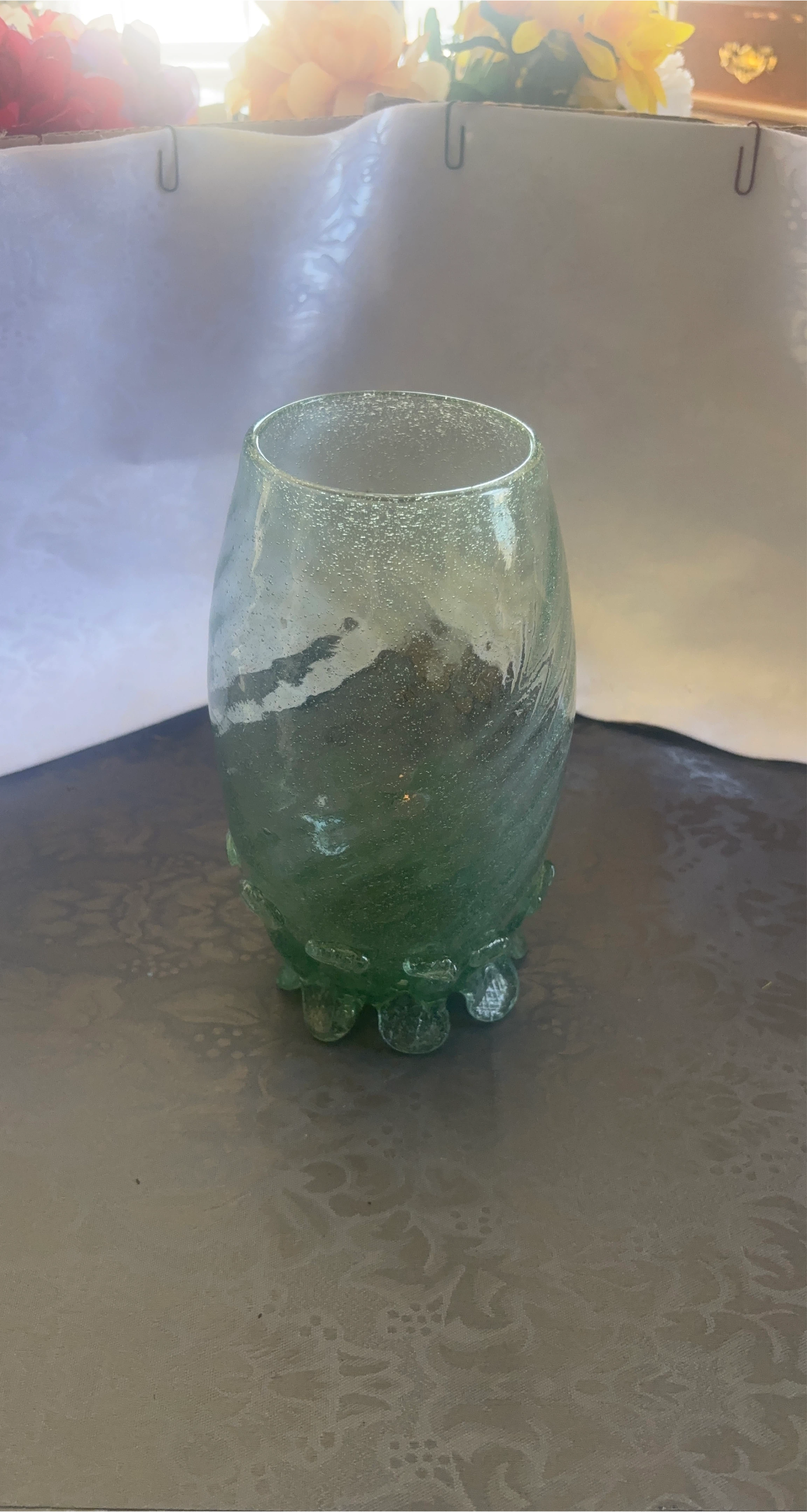 Green Glass Vase with Bulbous Base