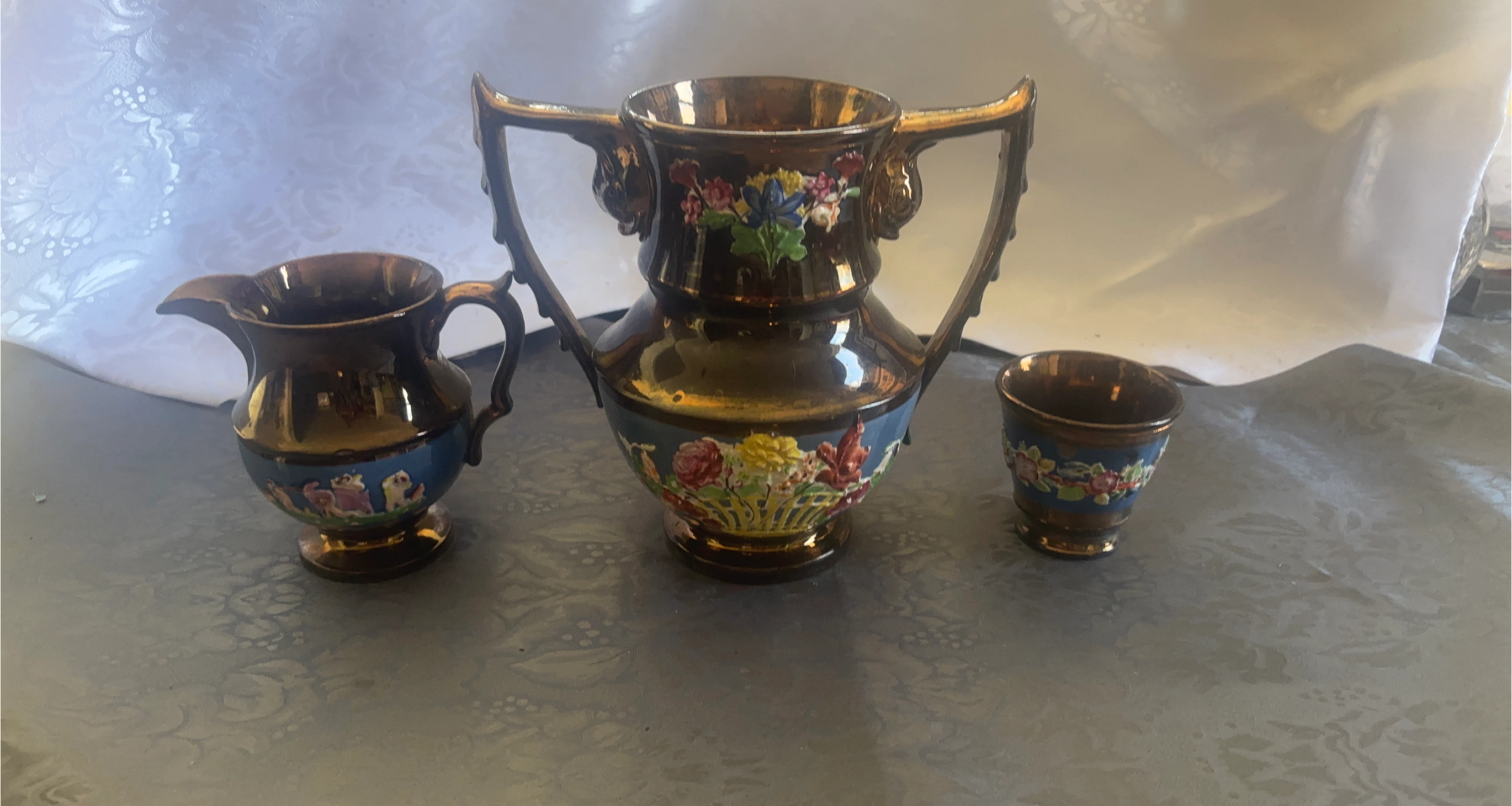 Antique 3-Piece Ceramic Creamer, Sugar Bowl, and Vase Set