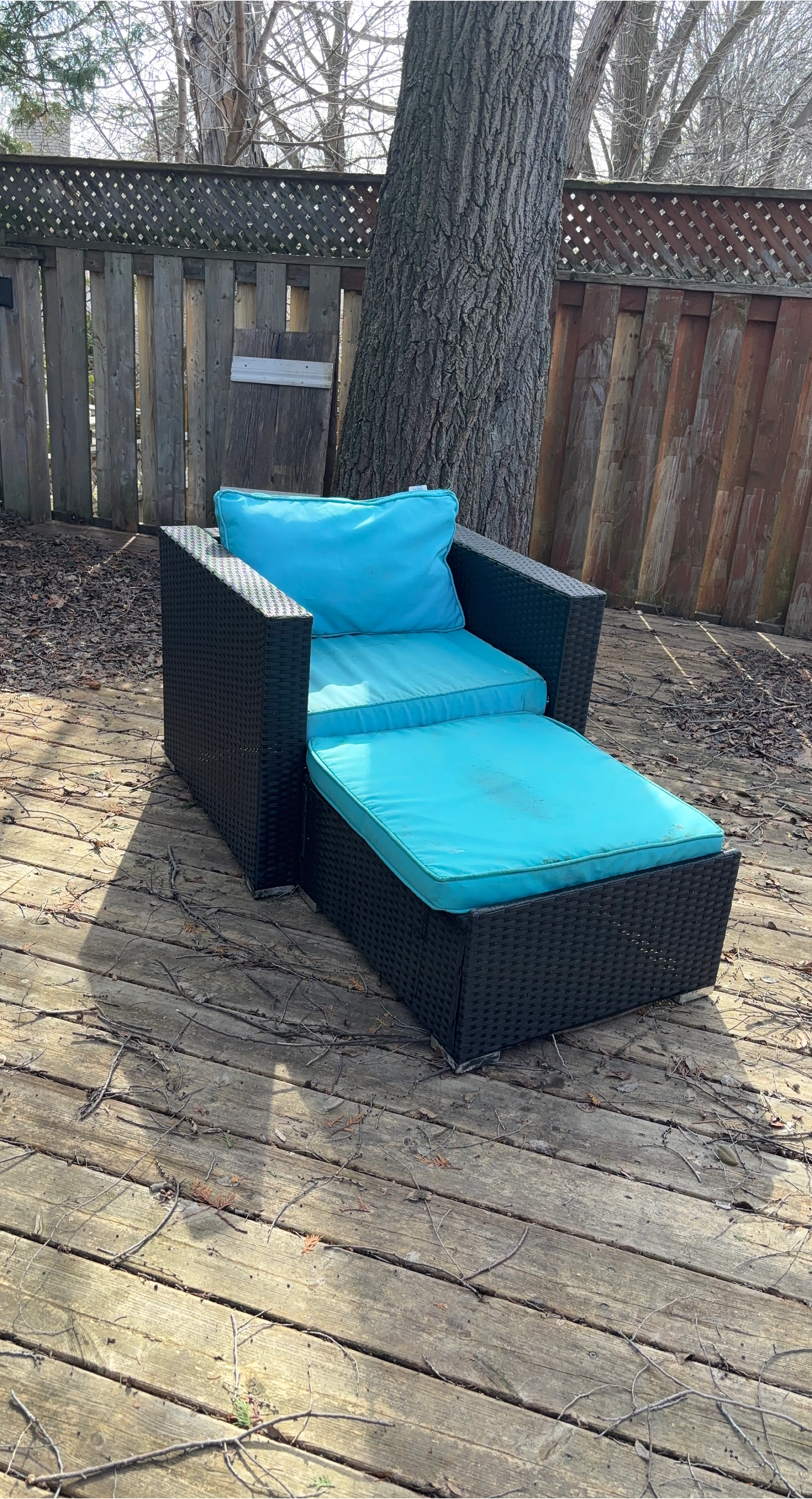 Outdoor Wicker Armchair with Ottoman and Blue Cushions