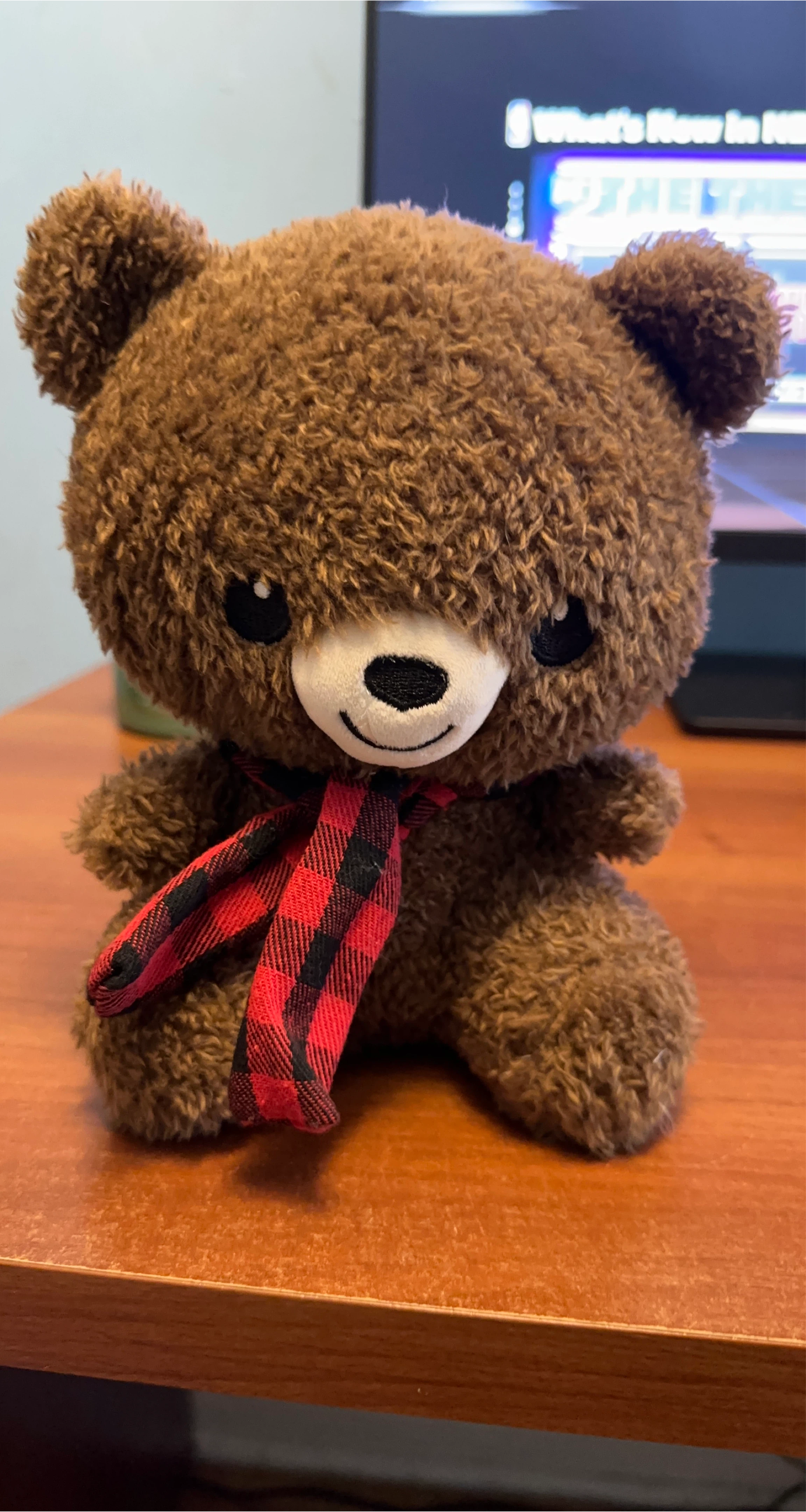 Brown Teddy Bear Plush with Red and Black Scarf