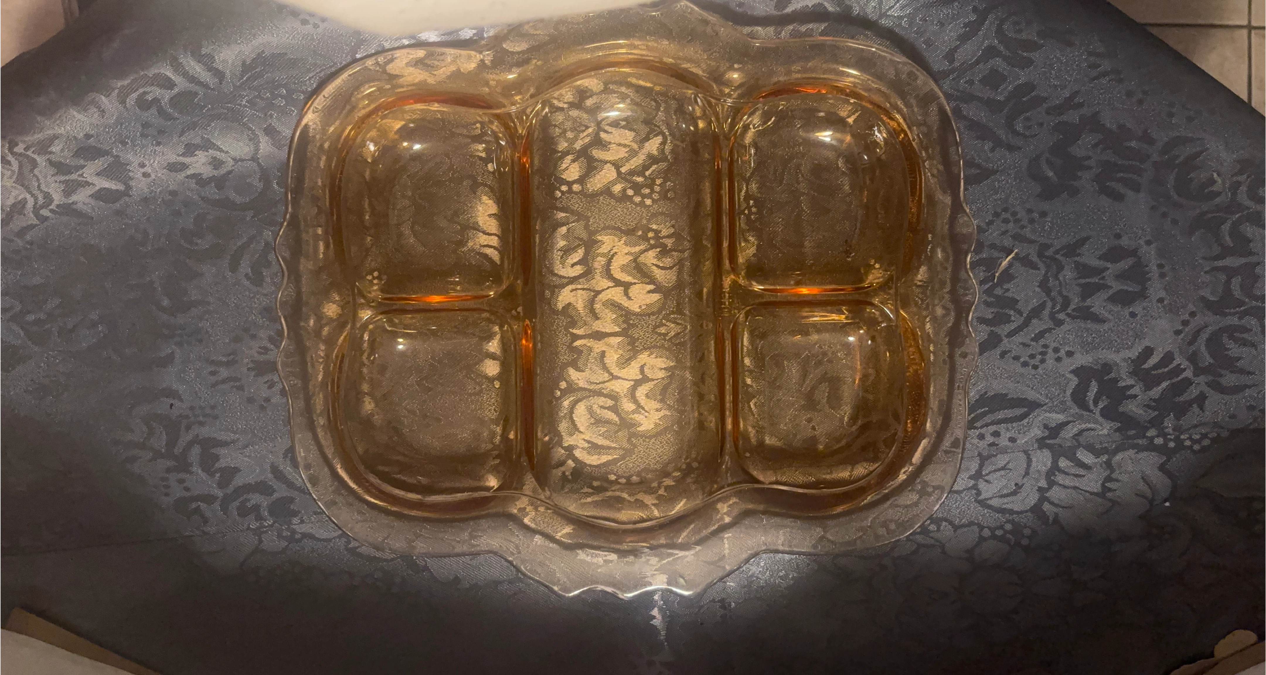 Amber Glass Divided Serving Dish with Embossed Pattern