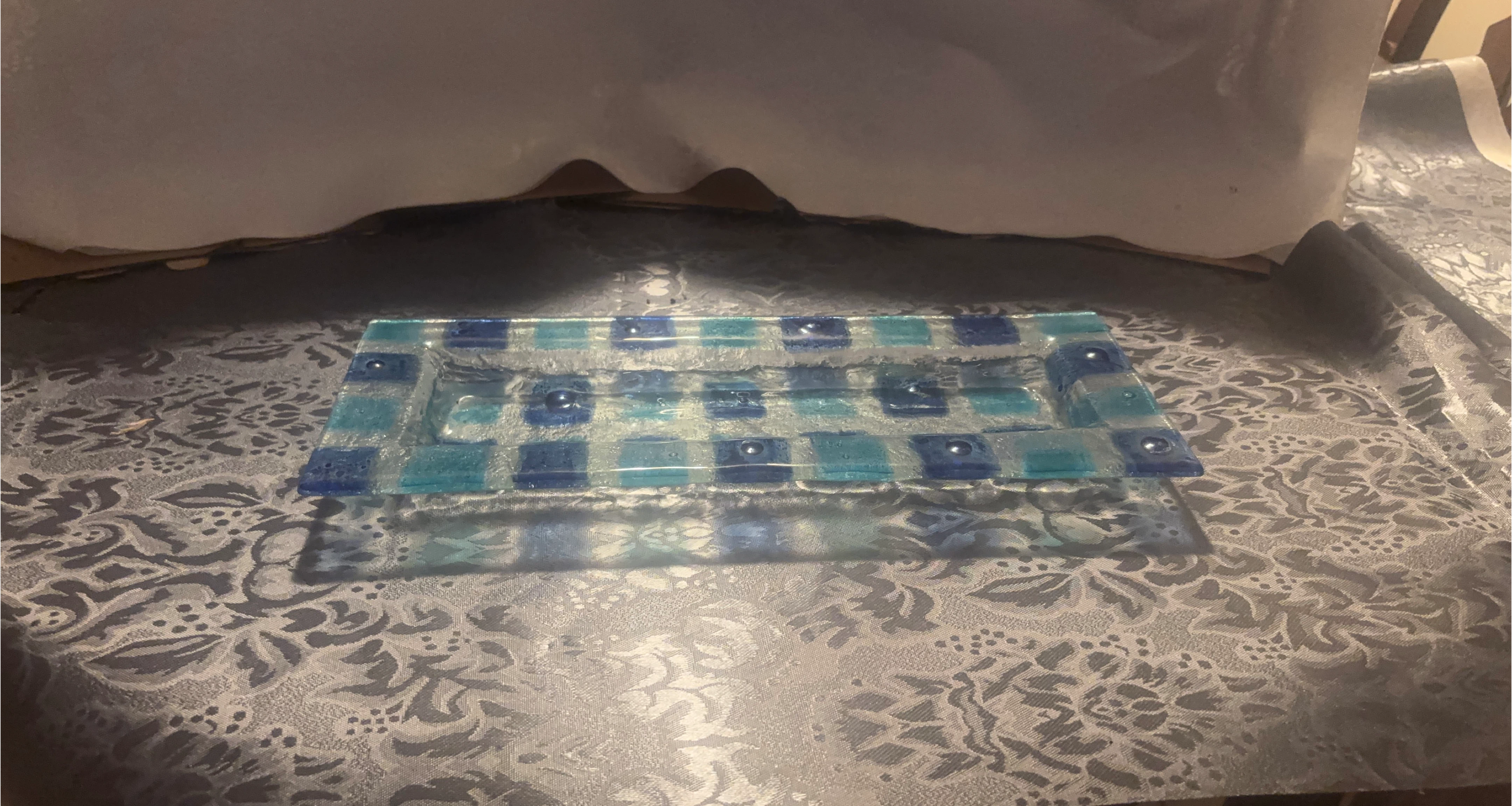 Glass Ashtray Dish with Blue and Teal Squares
