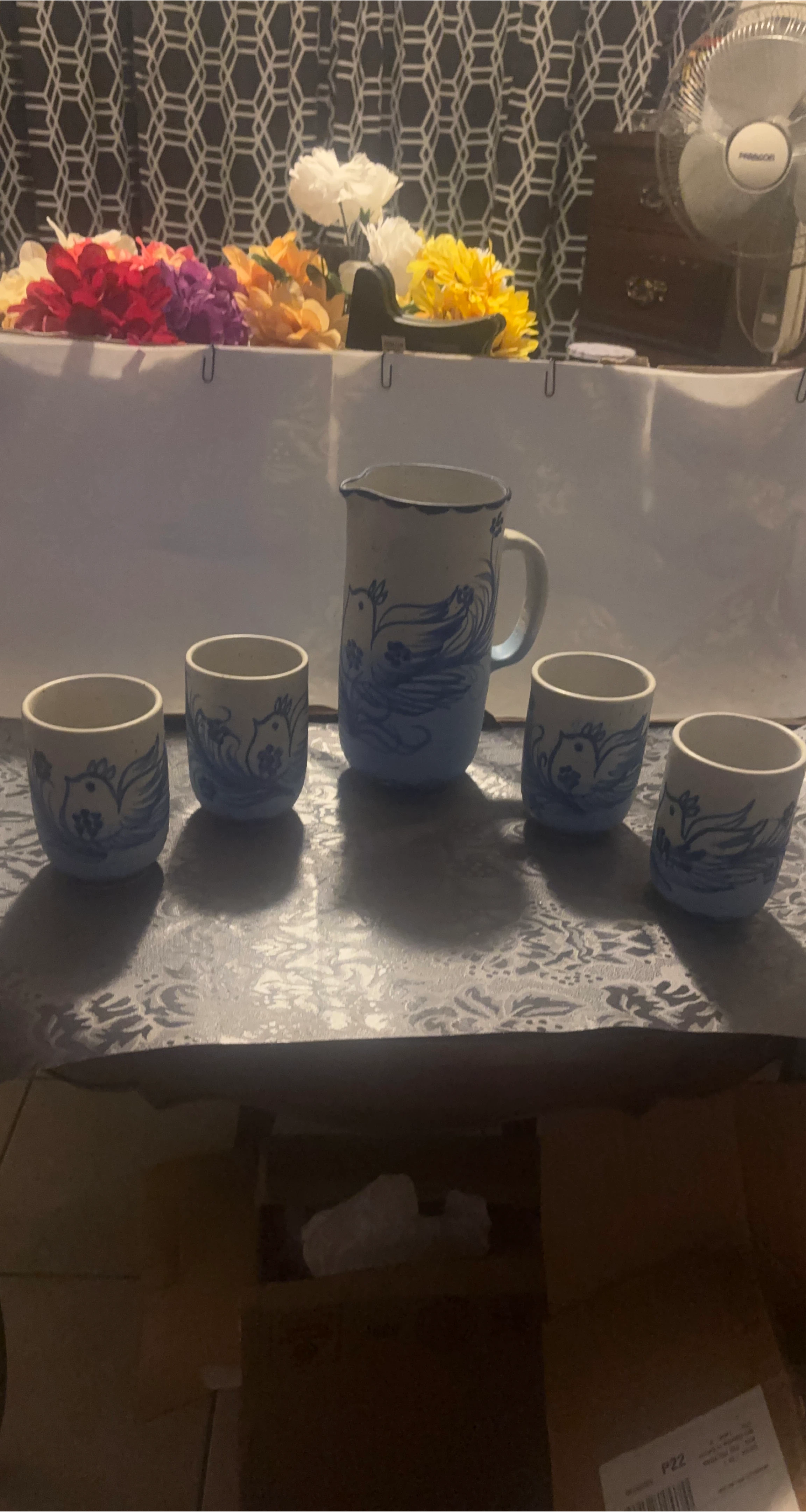 Pitcher and 4 Cups Set Blue Bird Design