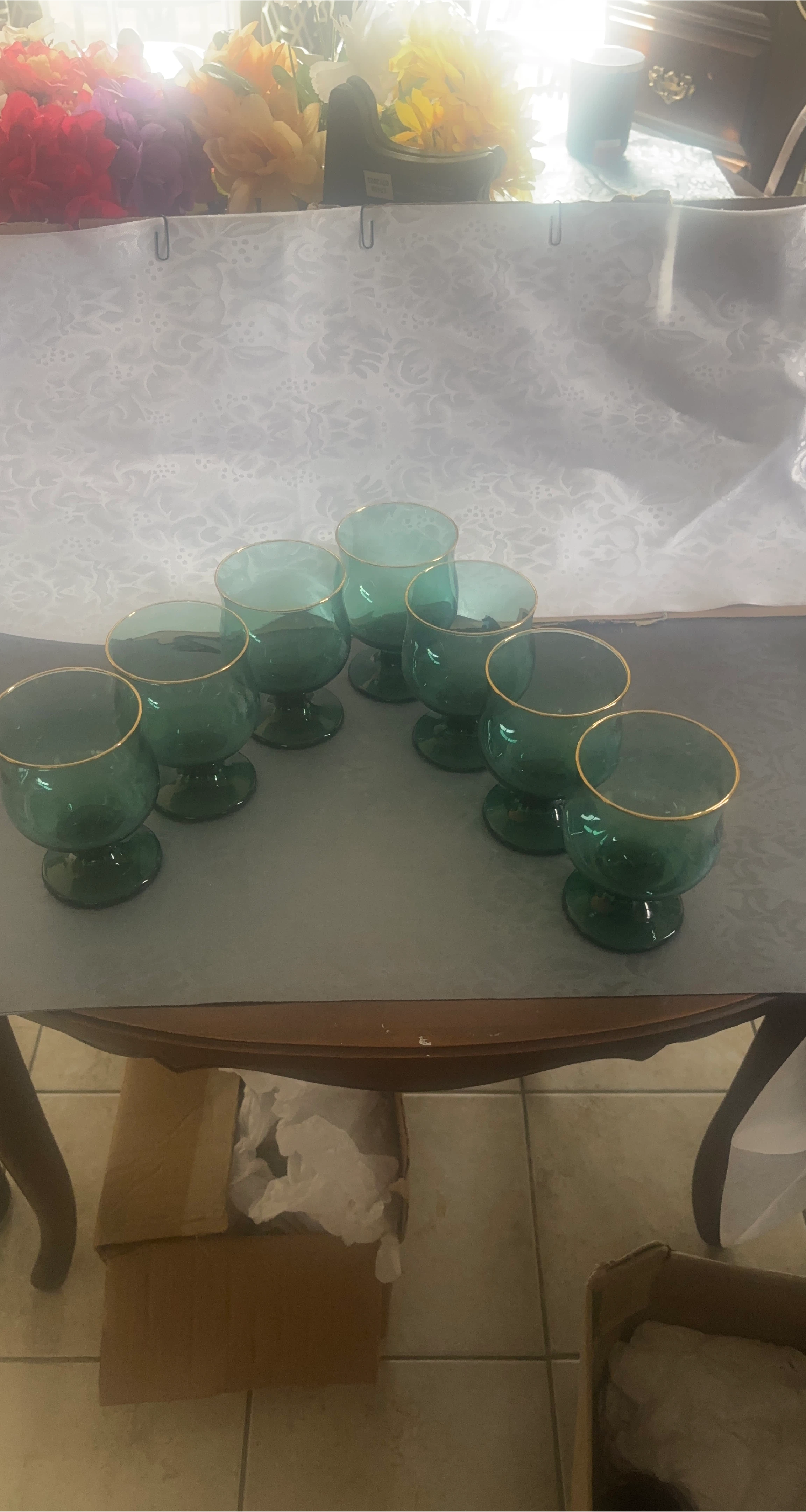 Set of 7 Green Glass Goblets with Gold Rim