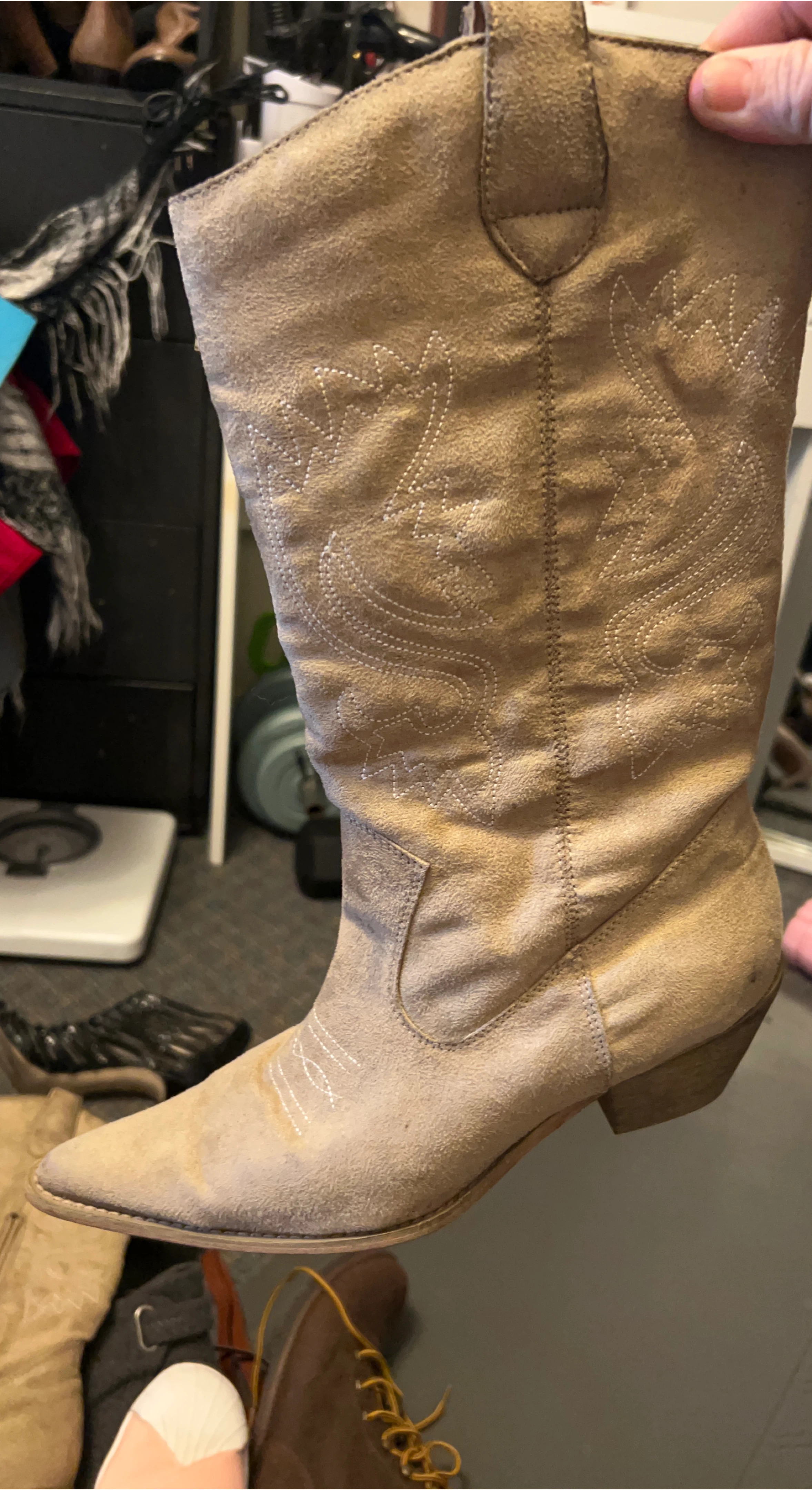 Tan Suede Cowboy Boots with White Stitching