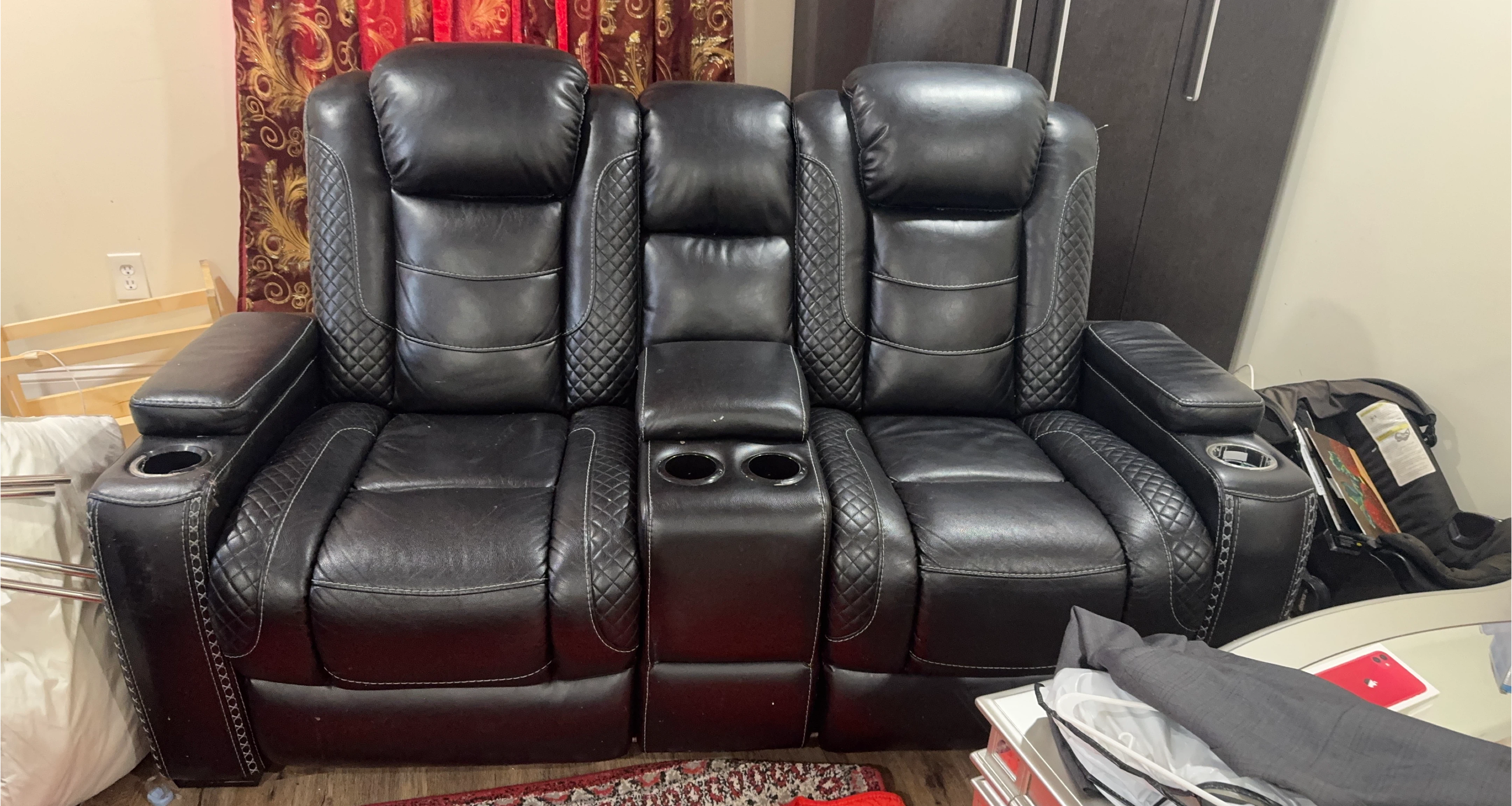 Black Faux Leather 3-Seat Home Theater Recliner with Cup Holders