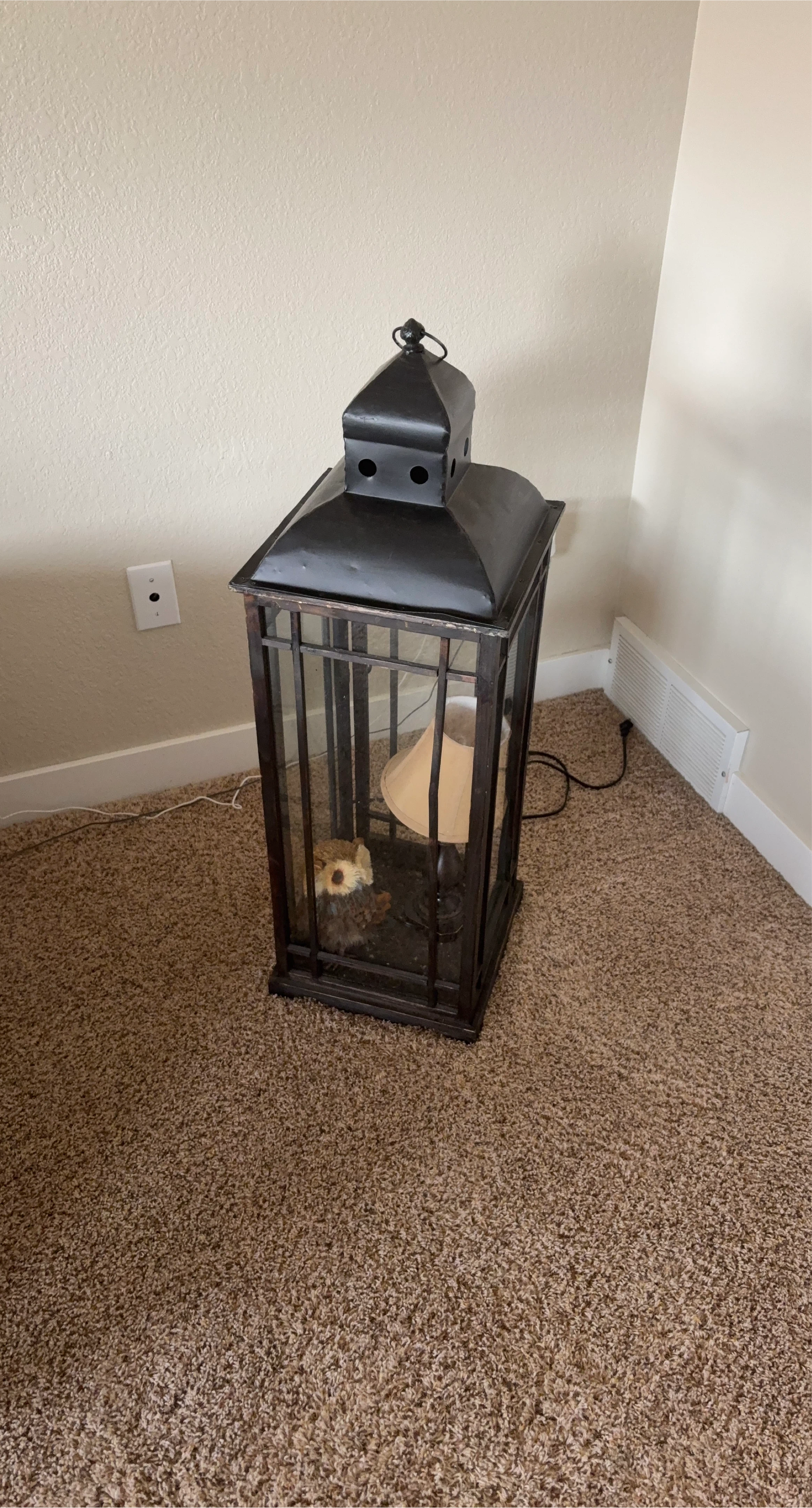 Black Metal Lantern with Lamp and Owl Decor