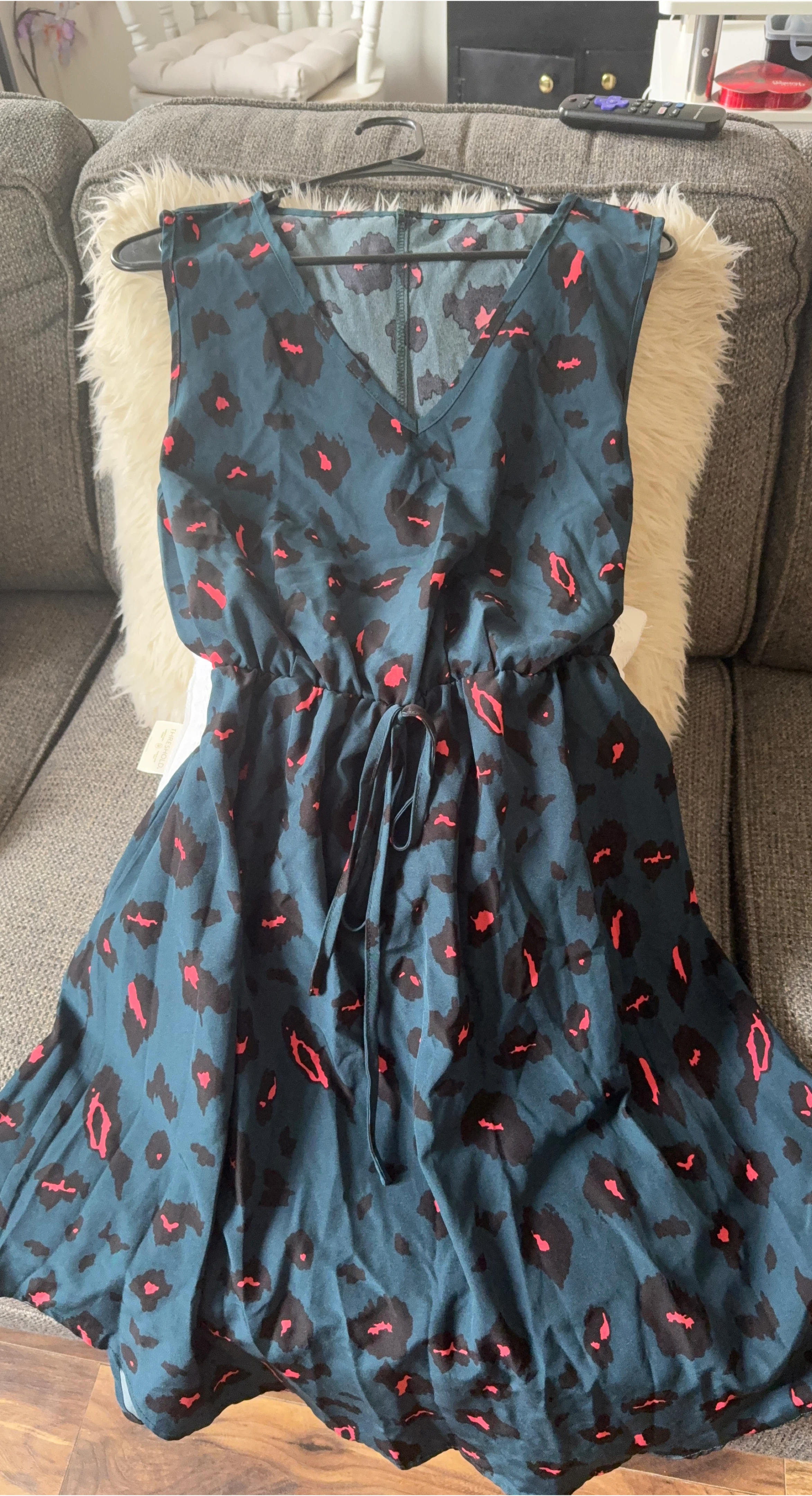 Teal Leopard Print Sleeveless V-Neck Dress with Tie Waist