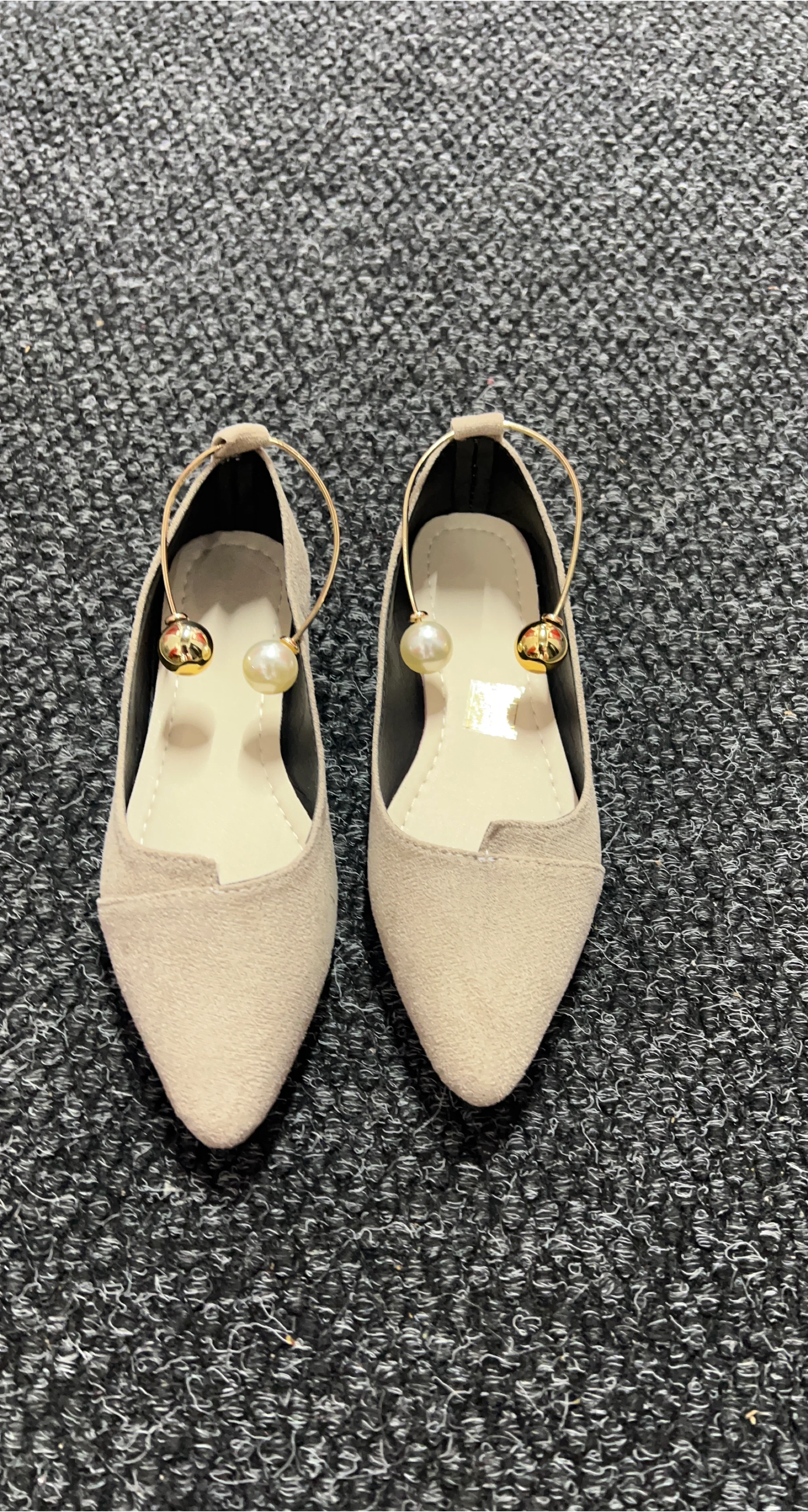 Women's Faux Suede Pointed Toe Flats with Pearl and Gold Charm