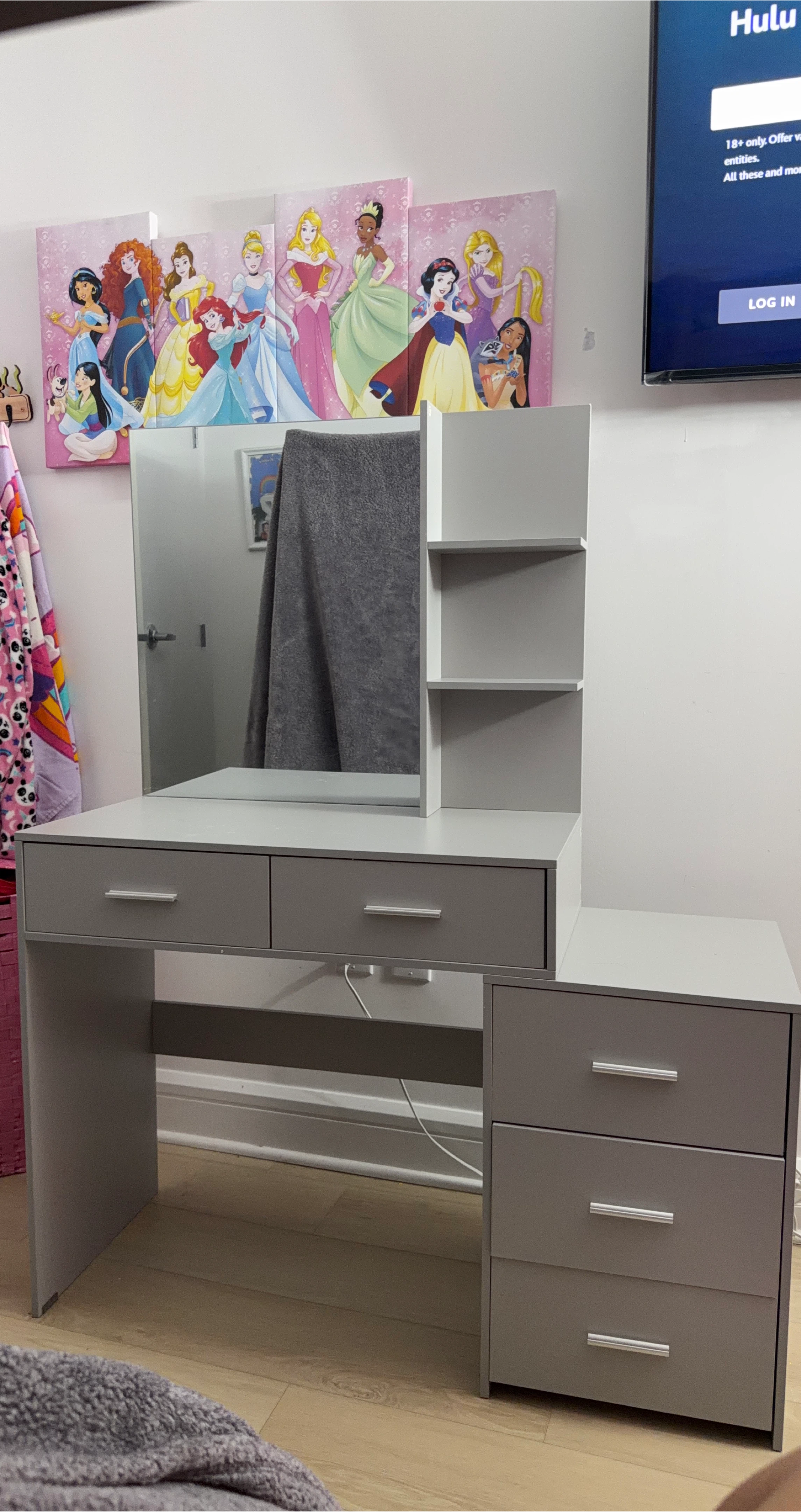 Grey Vanity Desk with Mirror and Drawers