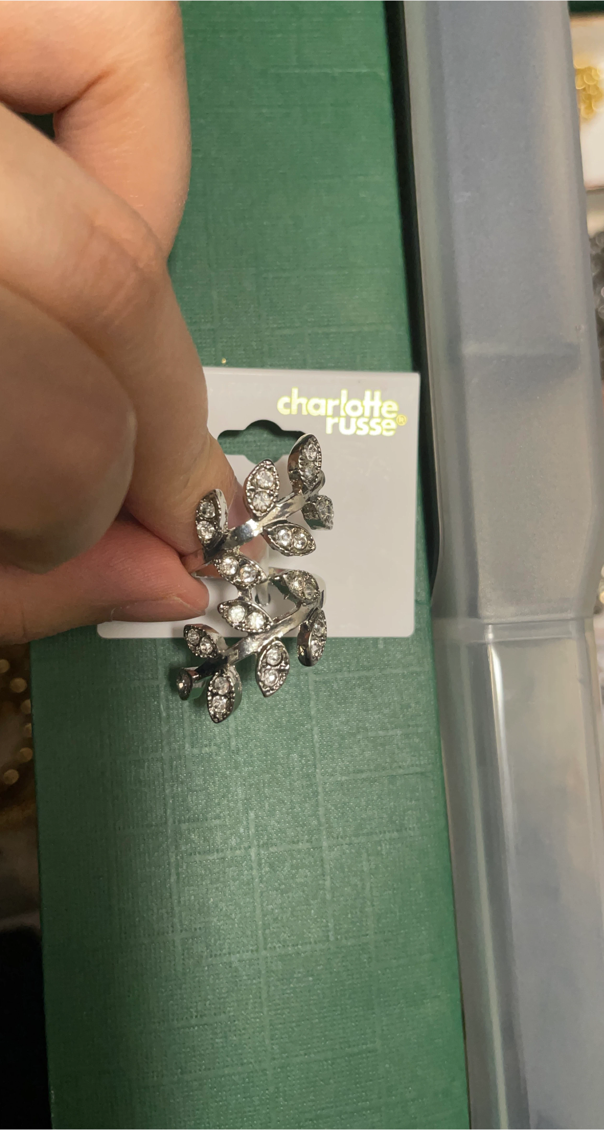 Charlotte Russe Silver Leaf Ring with Rhinestones