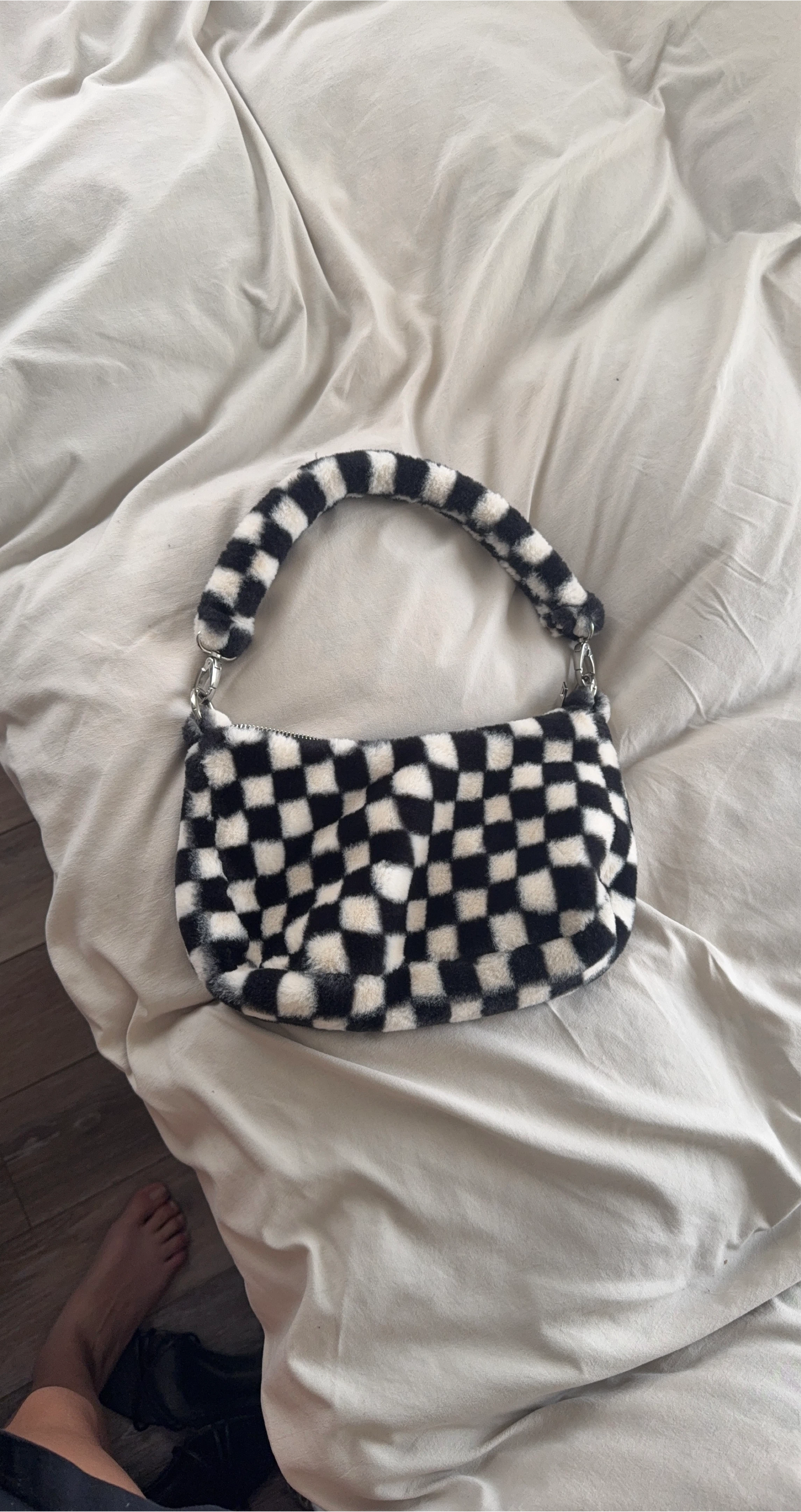 Checkerboard Faux Fur Shoulder Bag