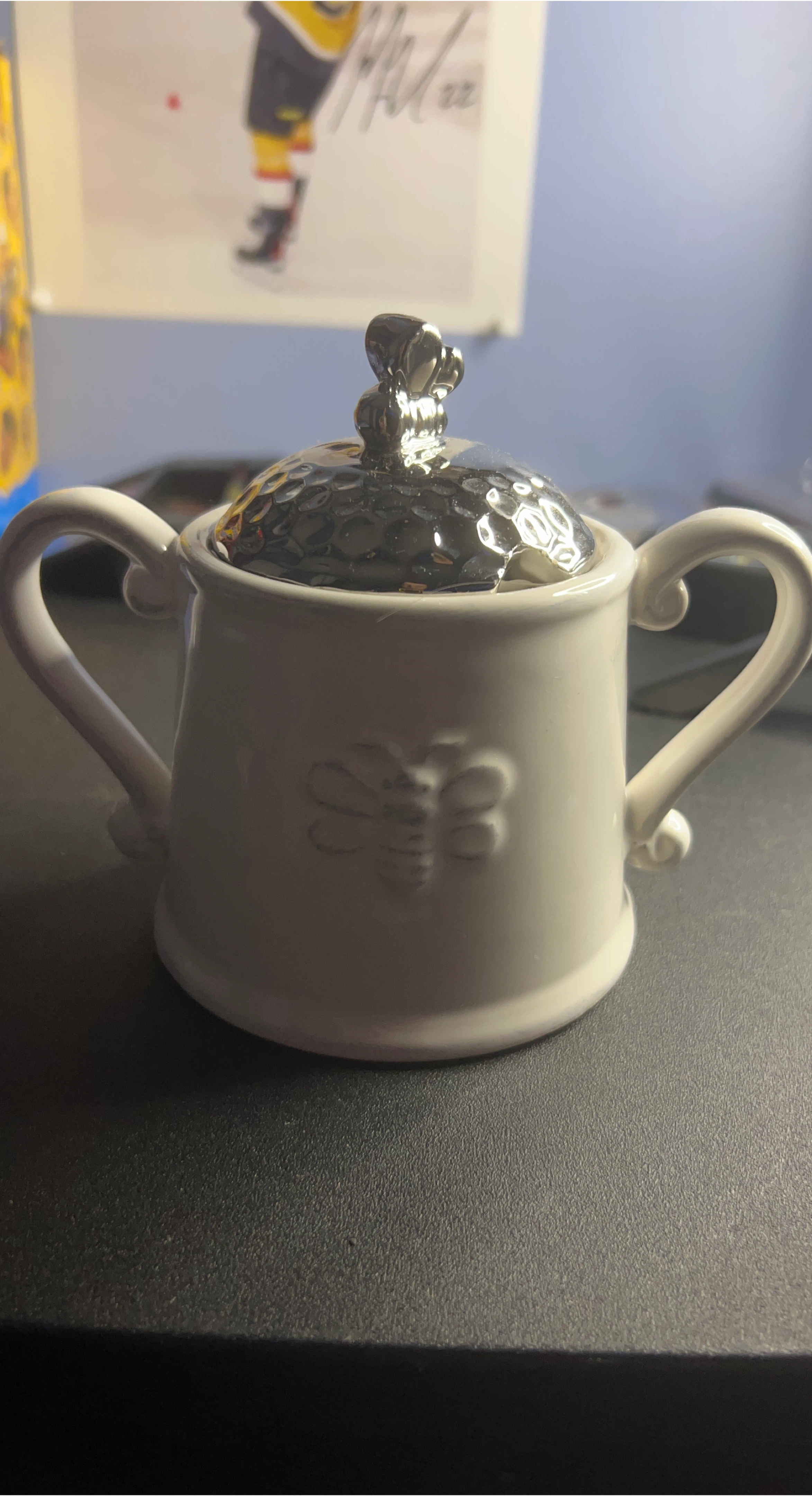 White Ceramic Sugar Bowl with Bee Design