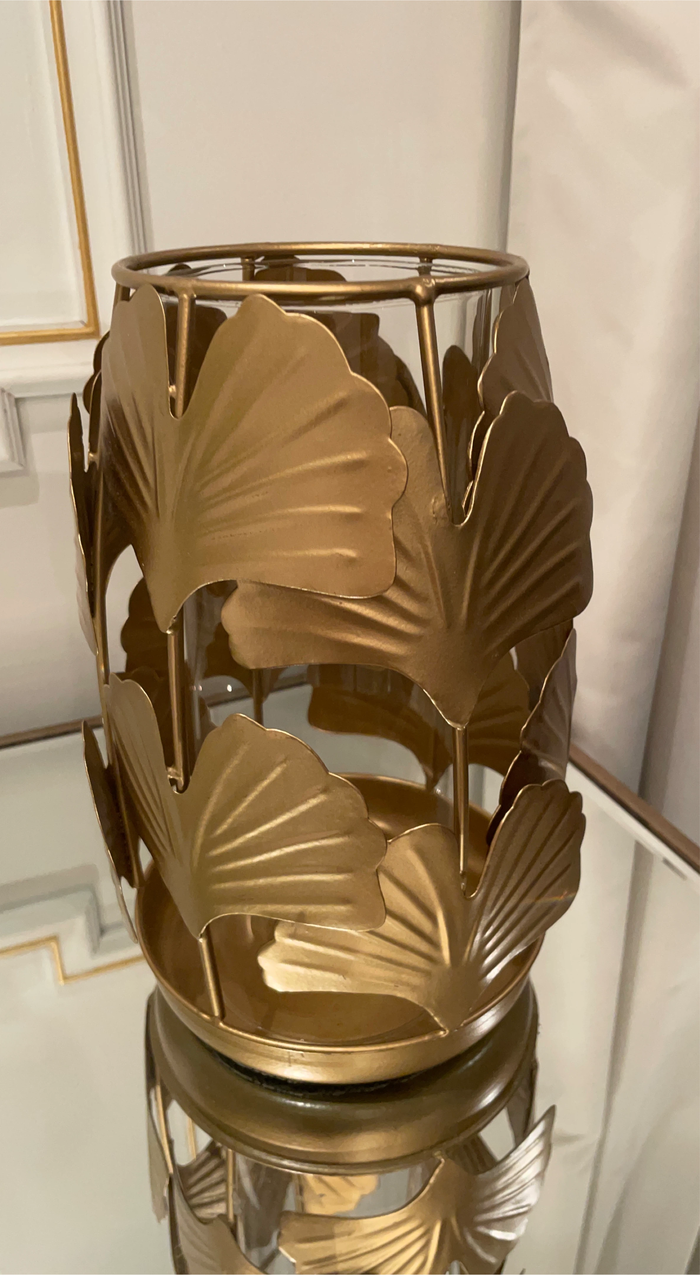 Gold Ginkgo Leaf Metal and Glass Vase