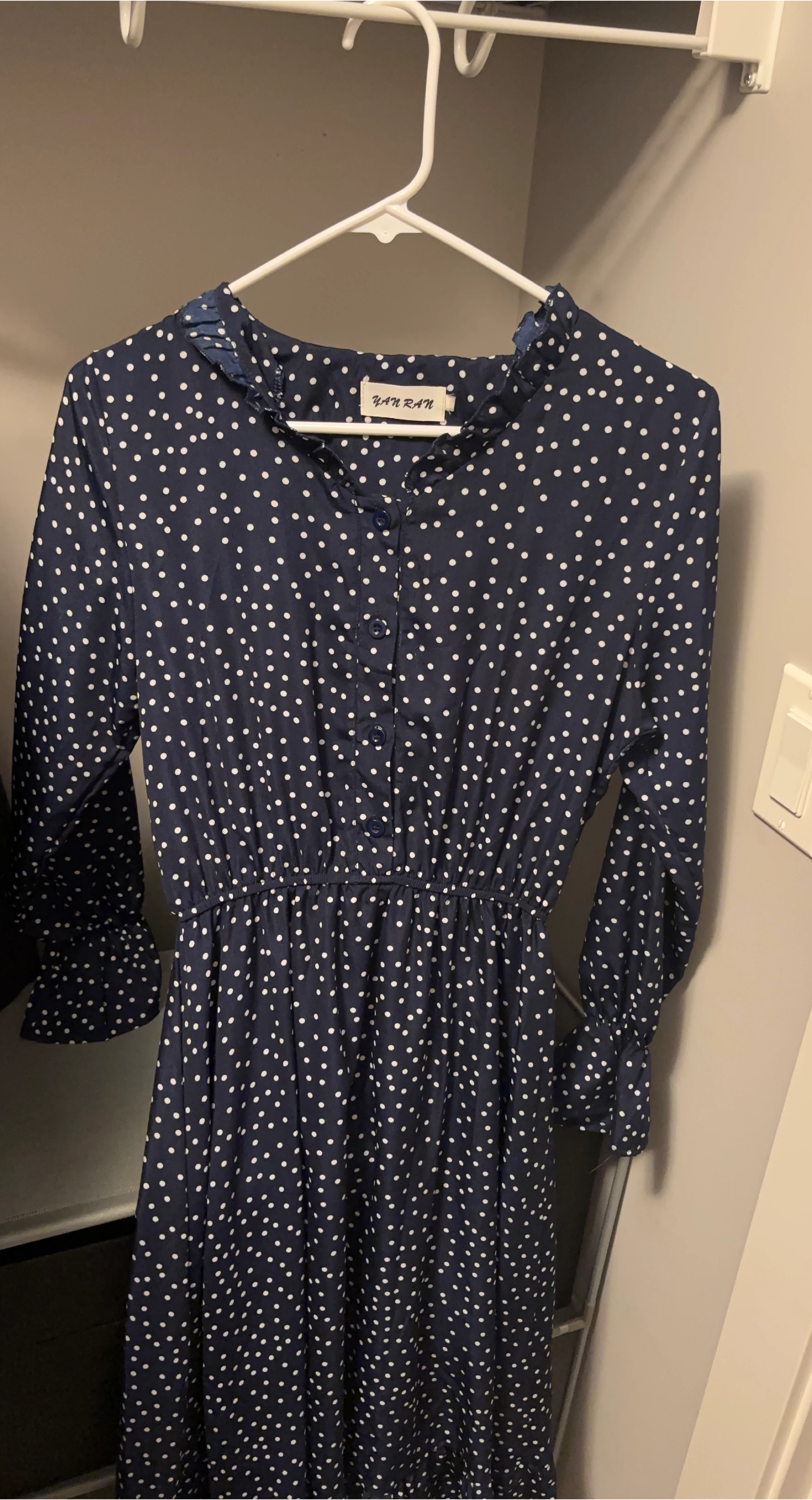 YAN RAN Navy Blue Polka Dot Midi Dress