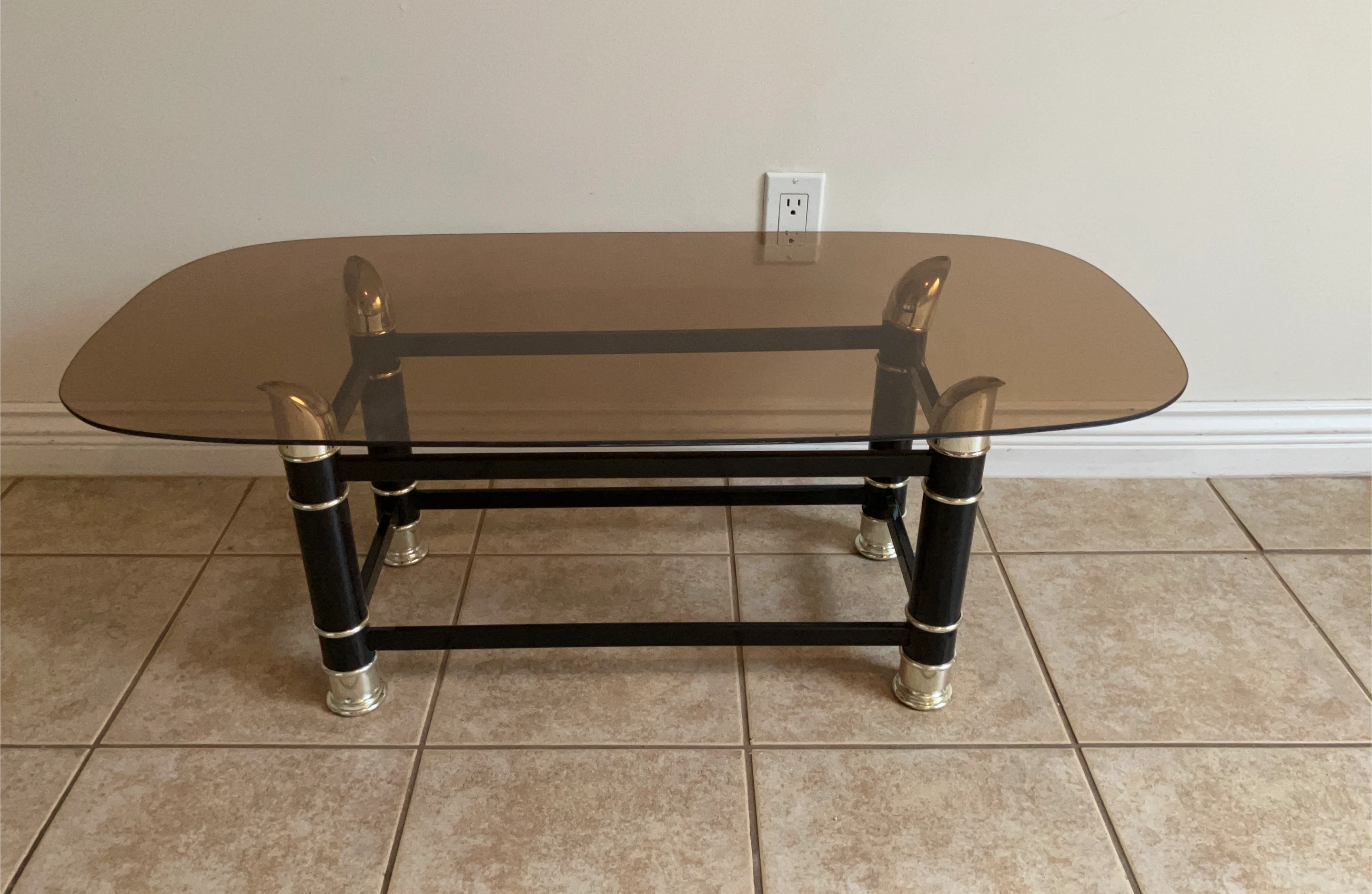 Smoked Glass Top Coffee Table with Black and Gold Accents
