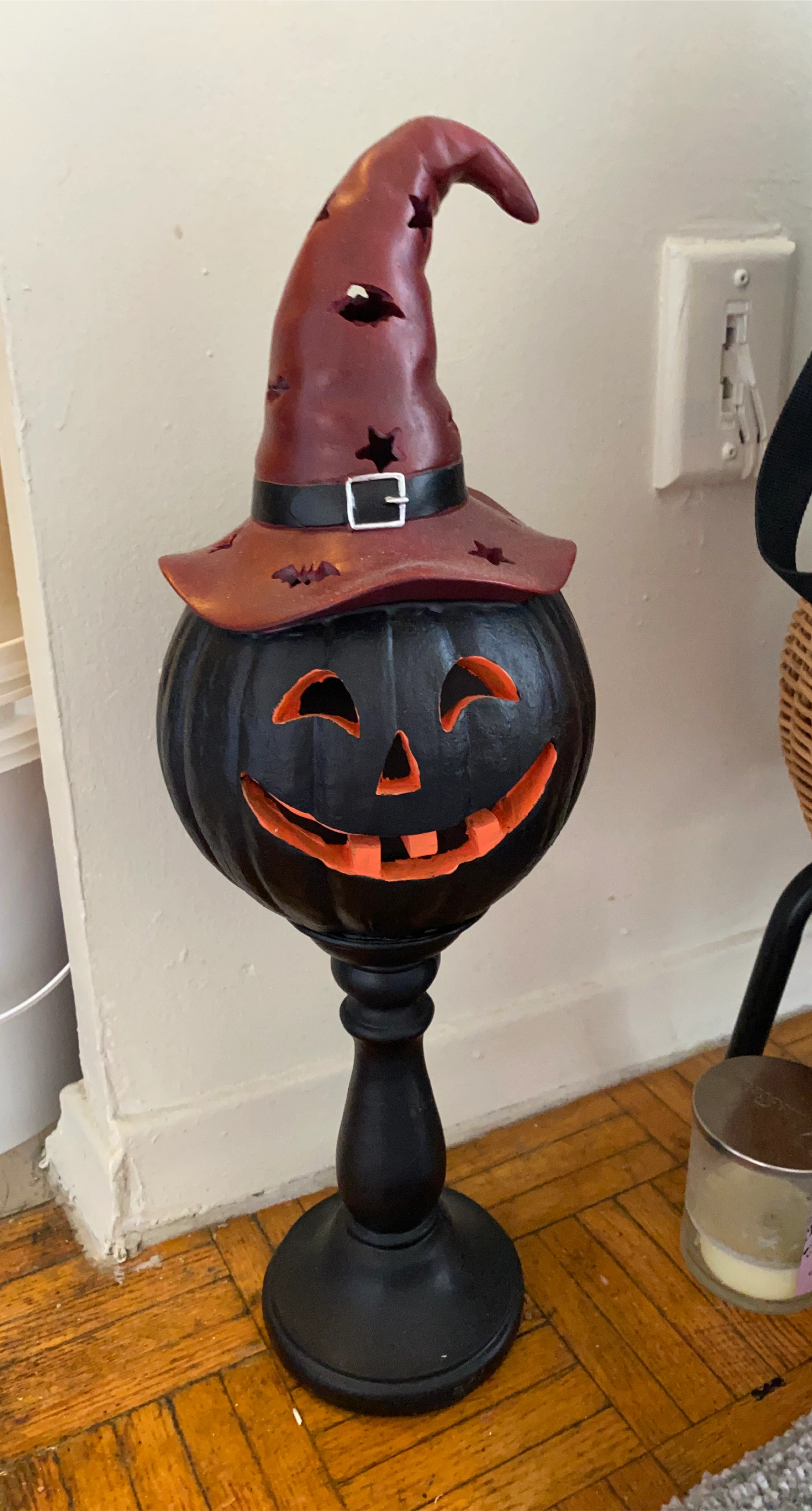 Halloween Black Jack-o'-lantern with Witch Hat Pedestal