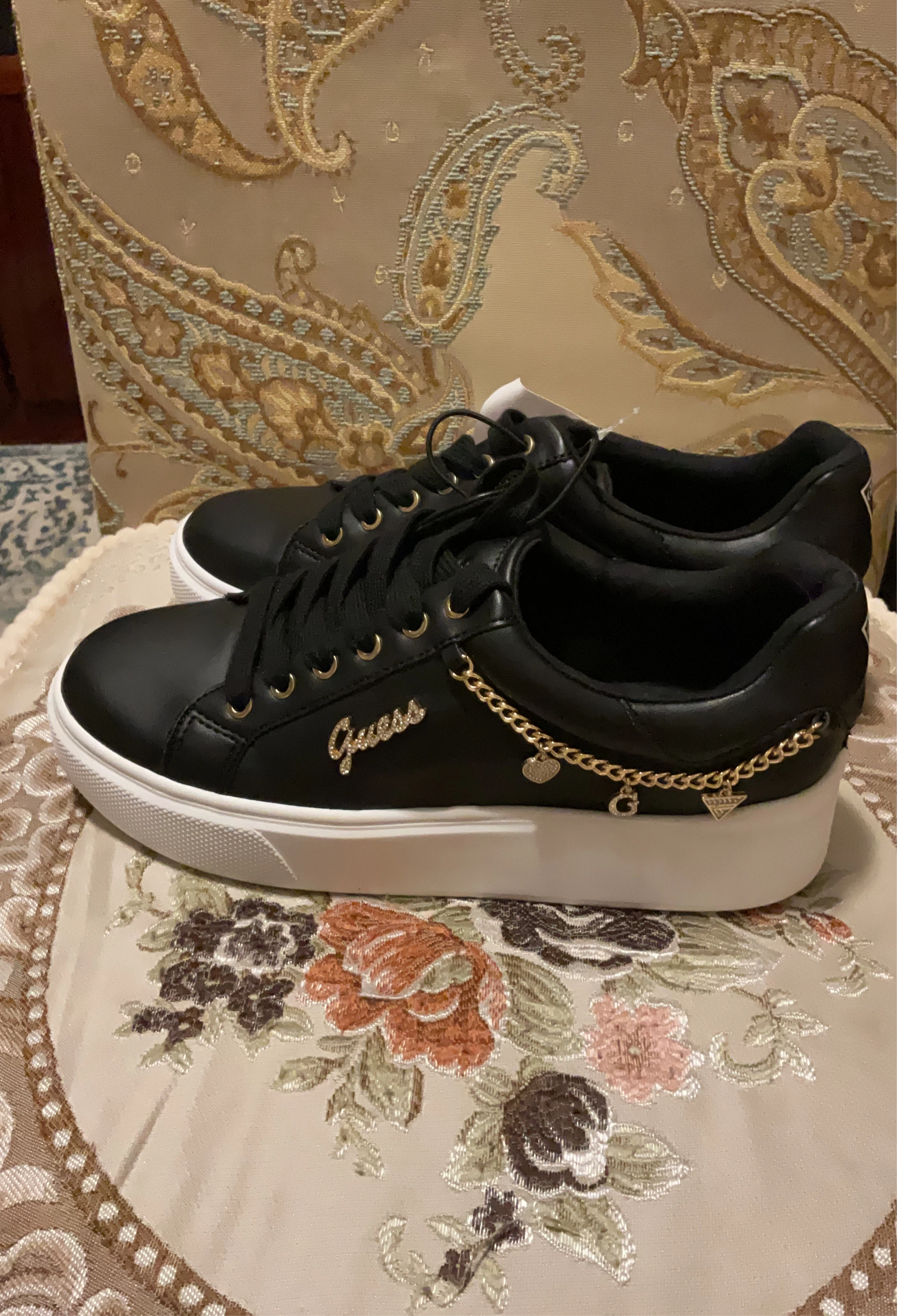 Guess Black Low-Top Sneakers with Gold Chain Detail