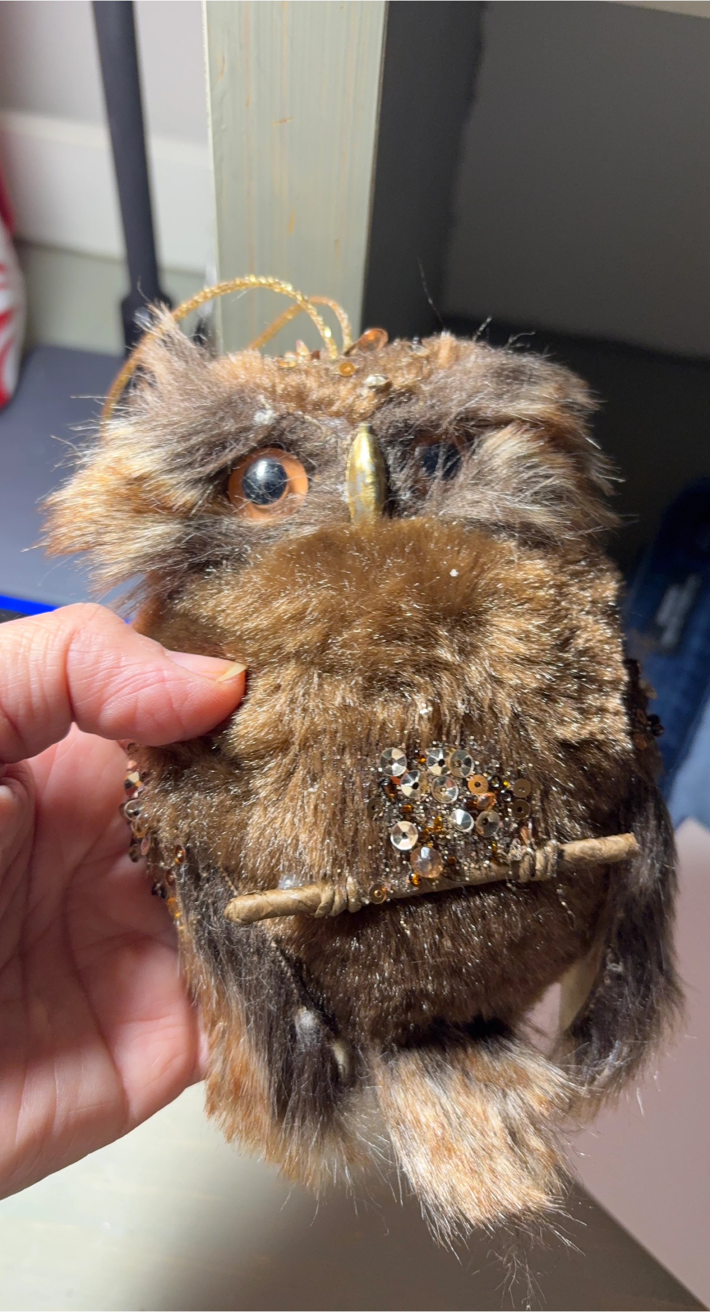Furry Brown Owl Ornament with Sequins