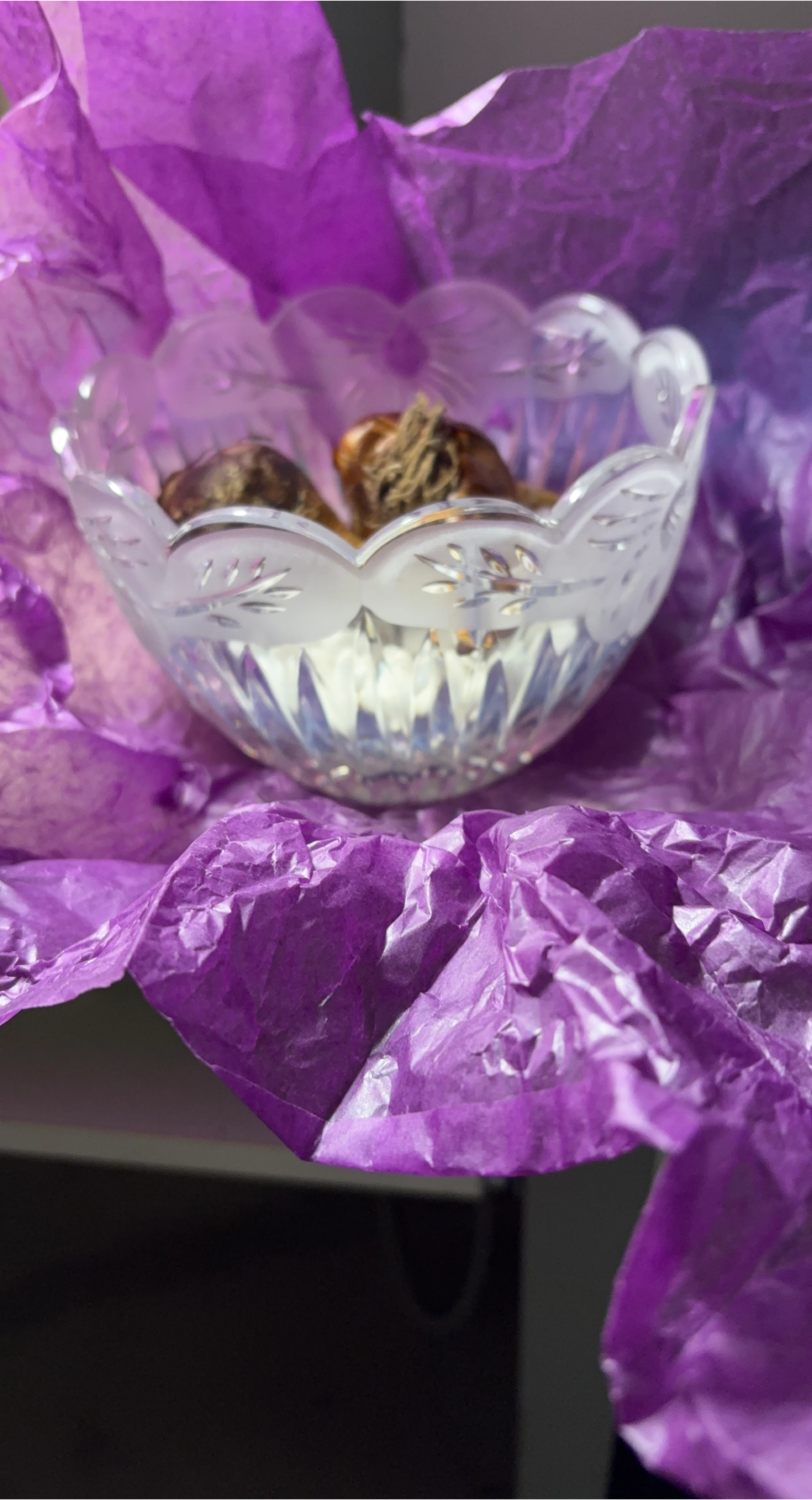 Crystal glass decorative bowl with dried flowers
