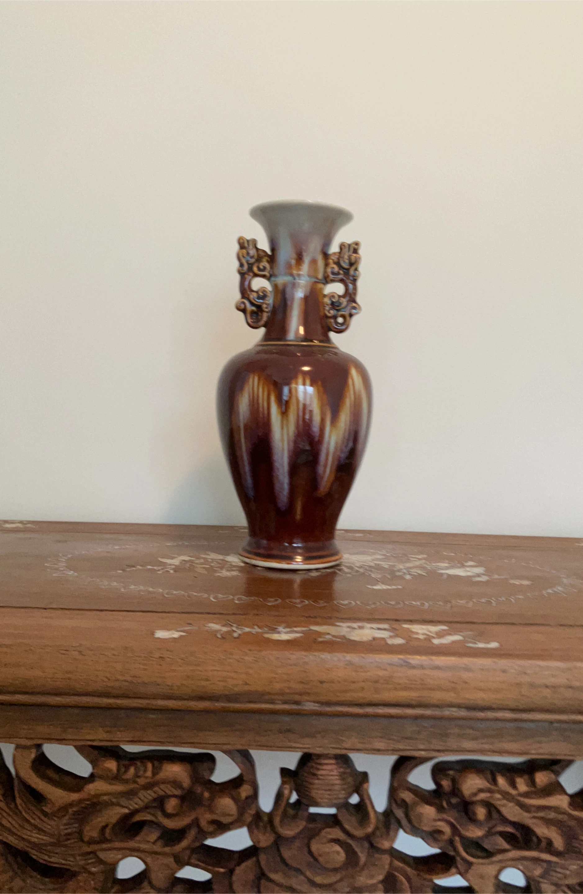 Brown Ceramic Vase with Dragon Handles
