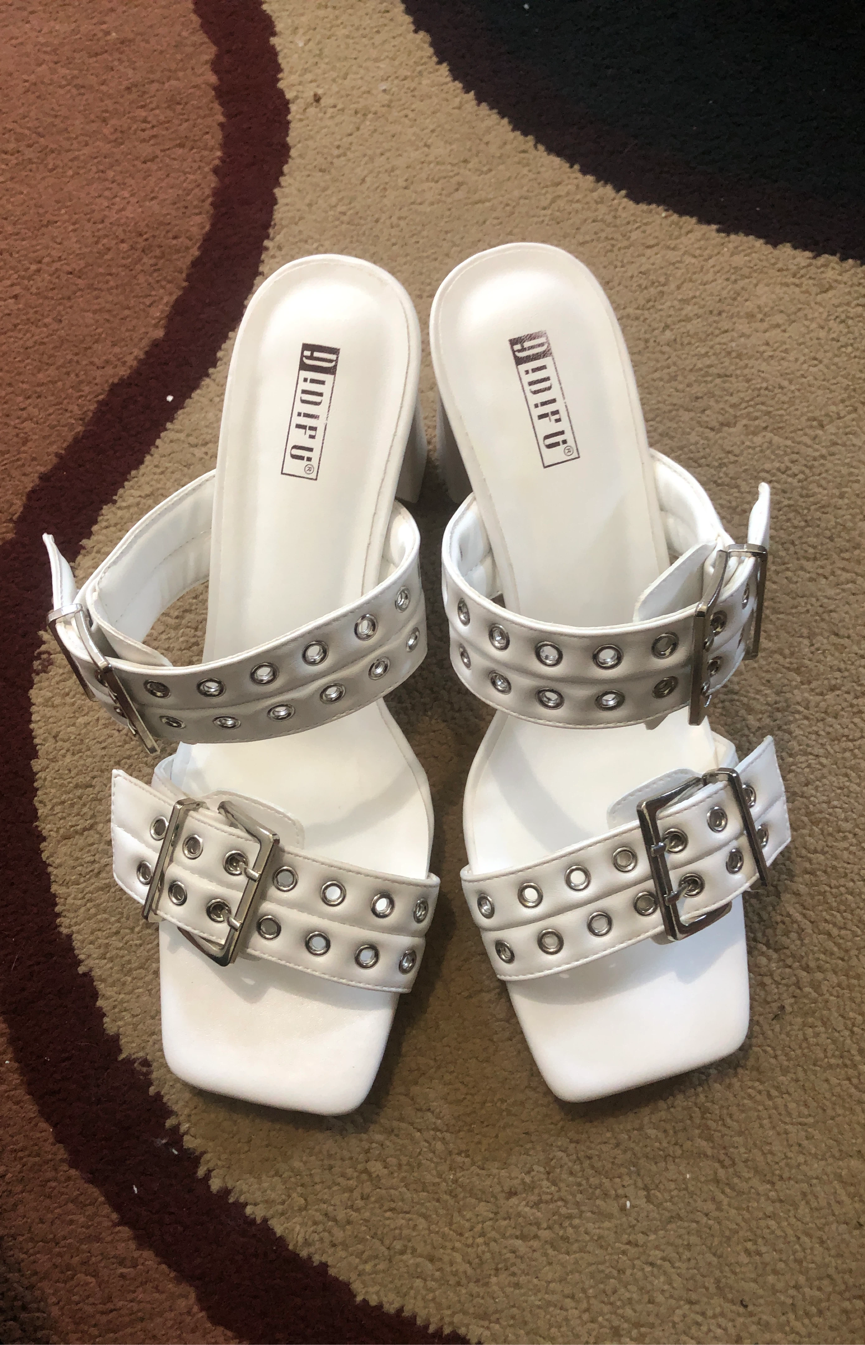 White ADIFU Mules with Buckle and Stud Detail