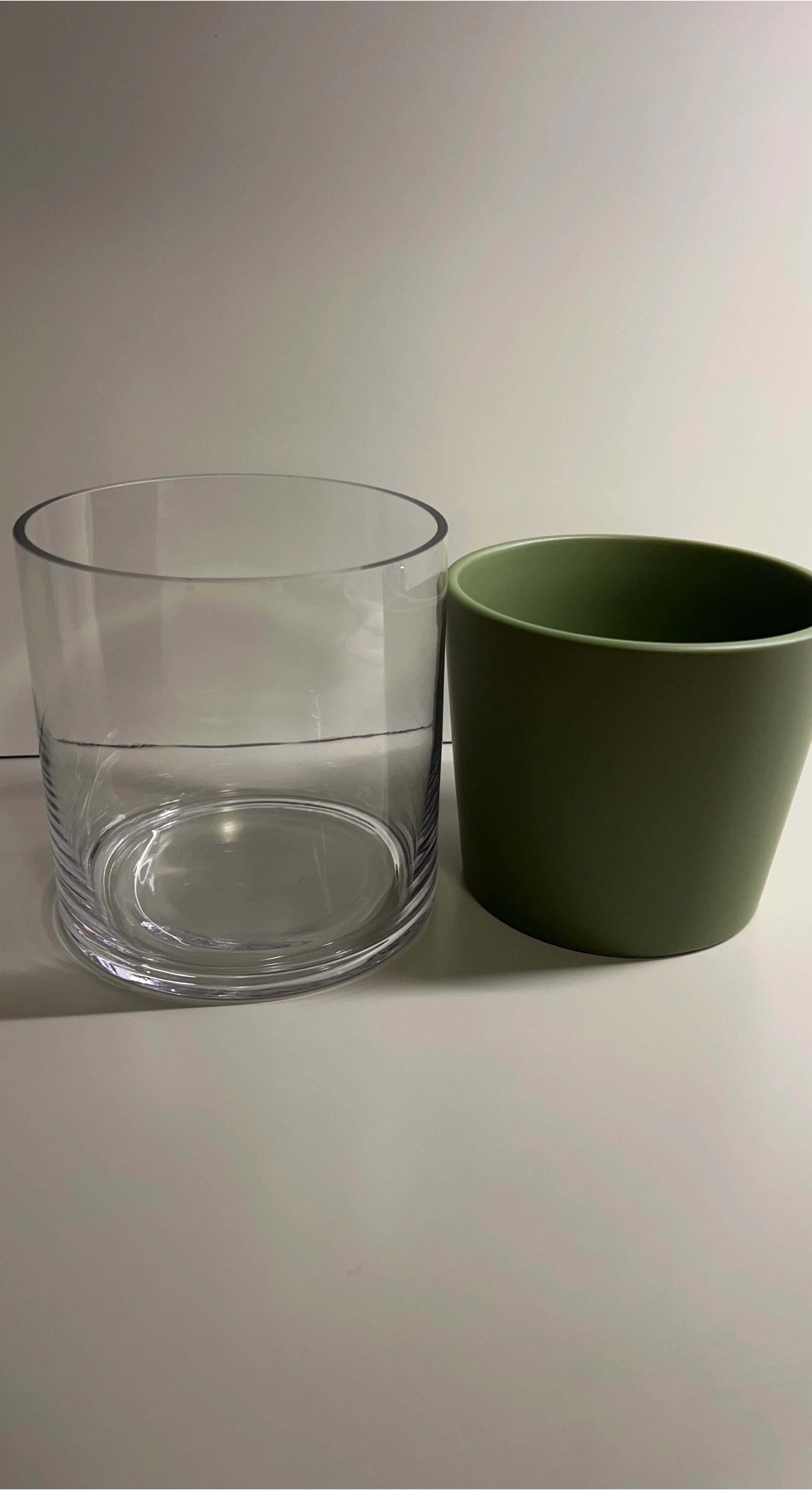 Clear Glass Vase and Green Ceramic Pot