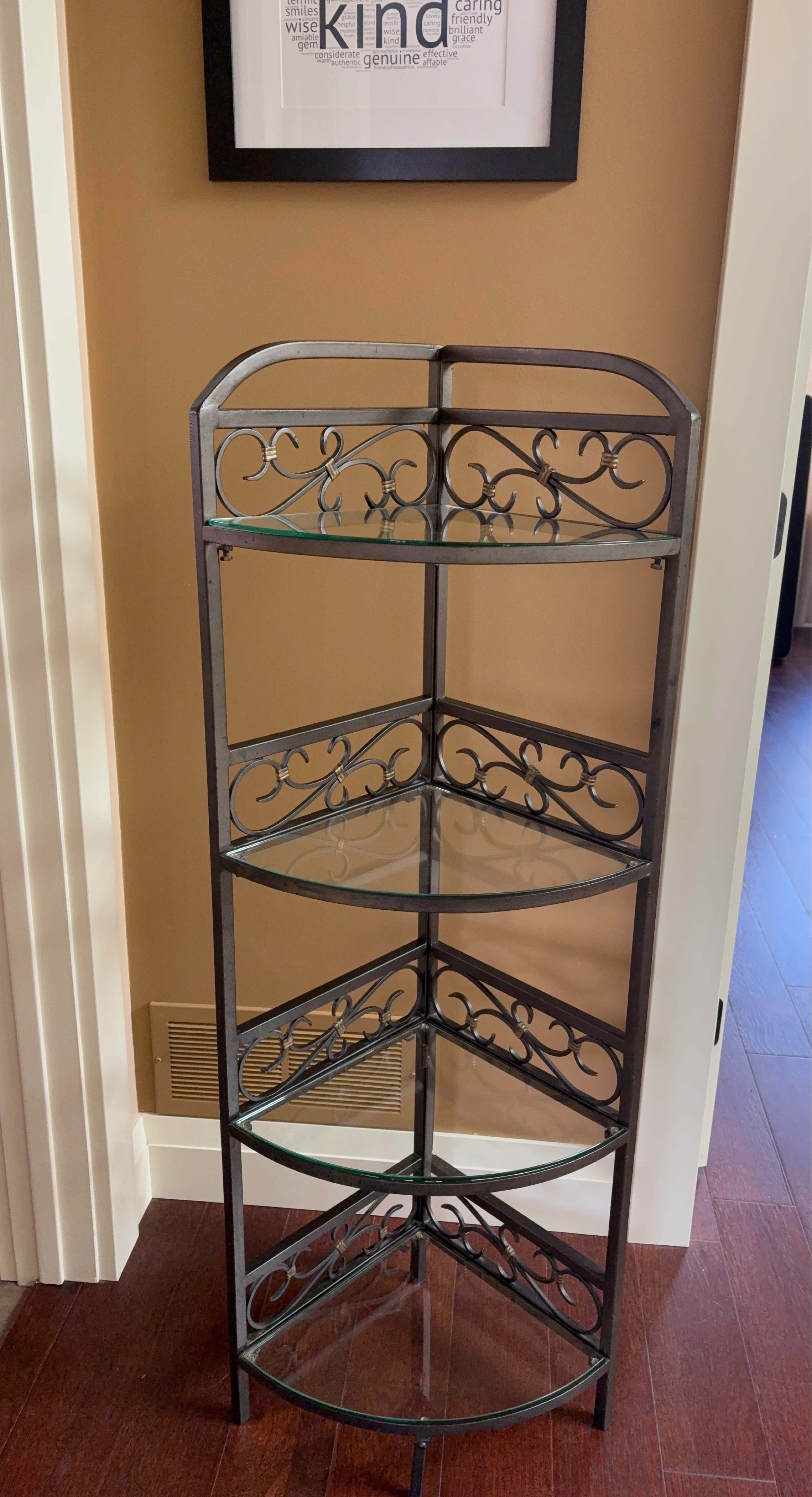 Ornate Metal and Glass Corner Shelf Unit