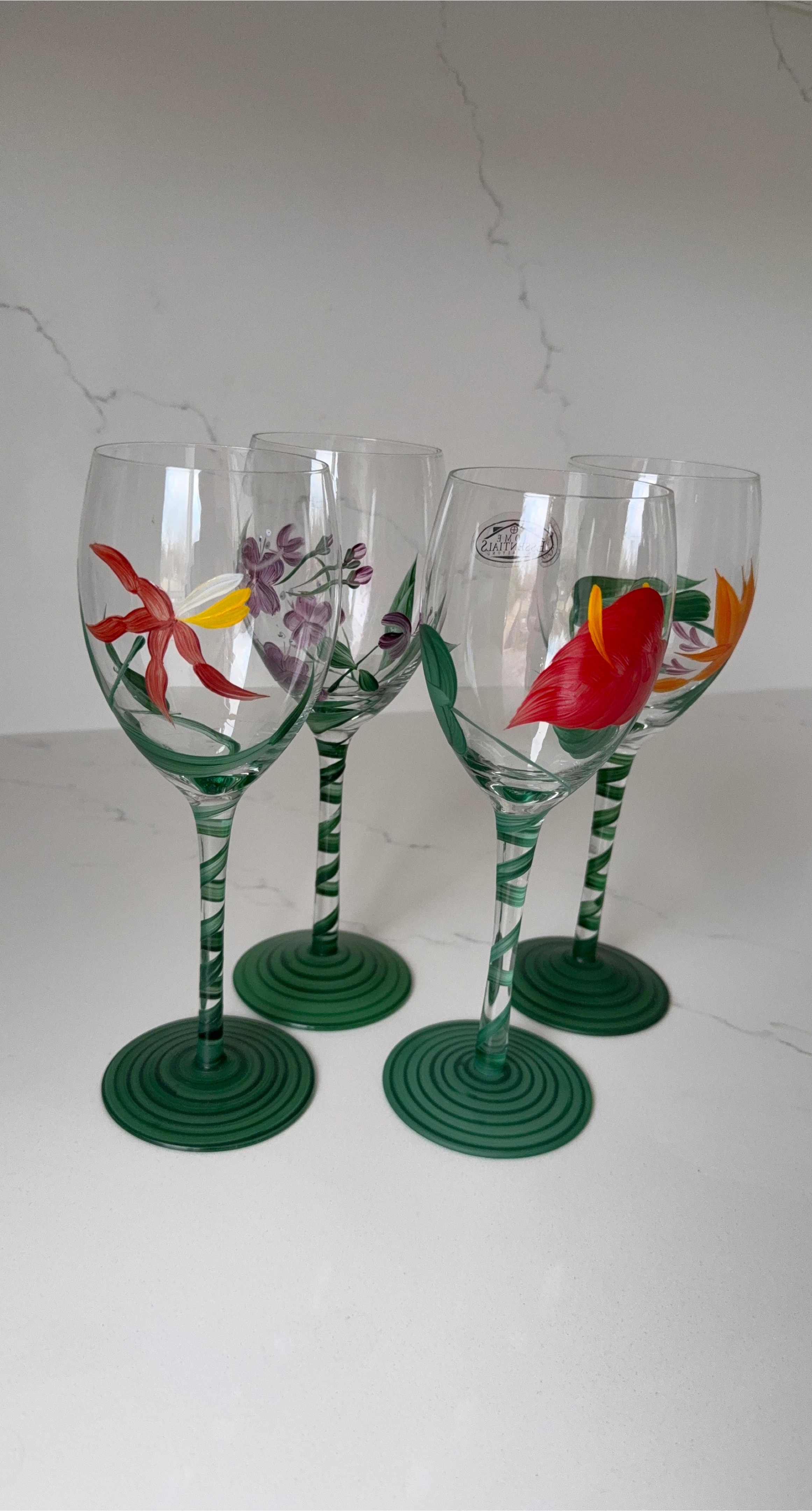 Set of 4 Hand-Painted Floral Wine Glasses