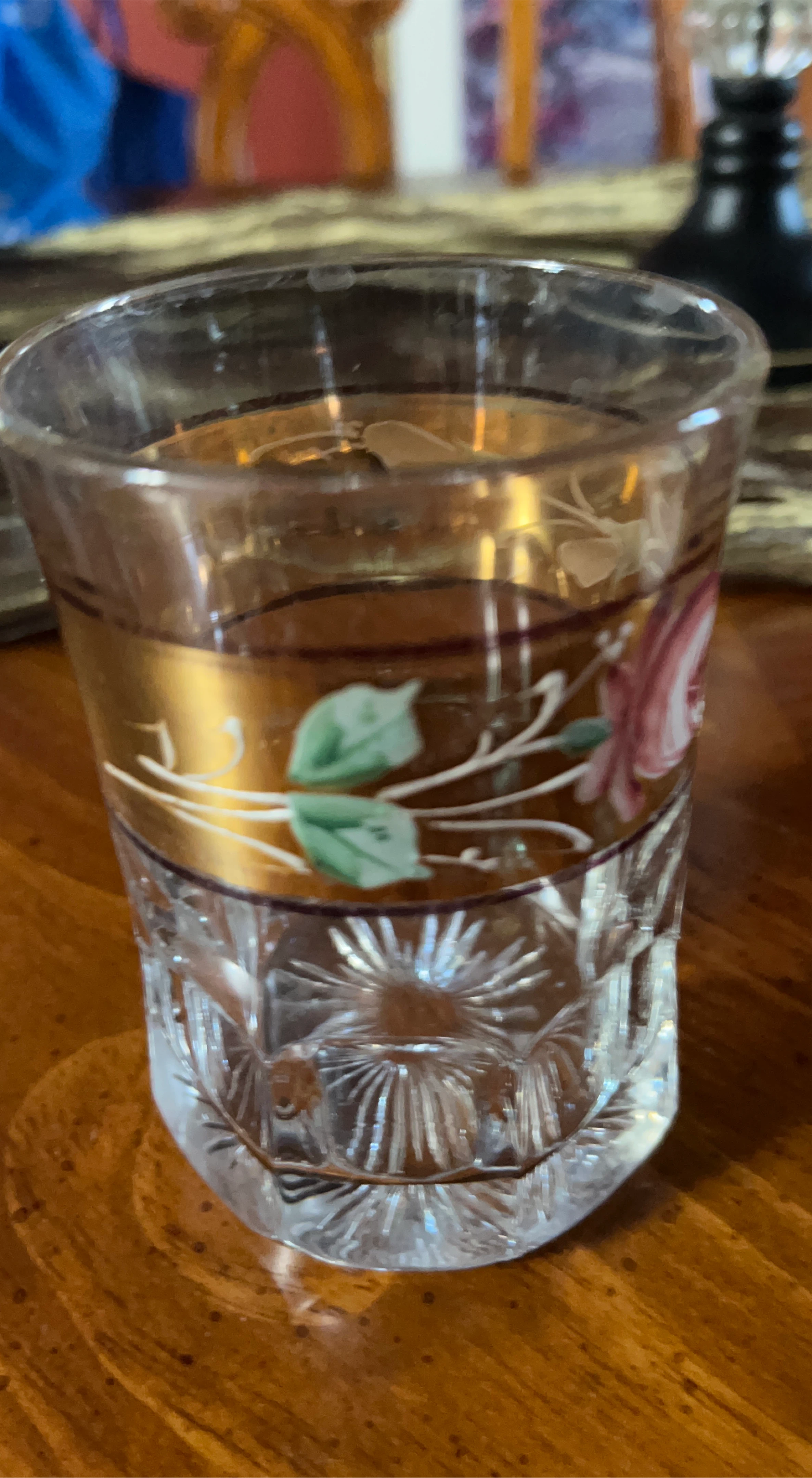 Decorative Glass Shot Glass with Gold Trim and Floral Design